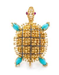 An 18 Karat Yellow Gold, Turquoise, Ruby and Enamel Turtle Brooch, Italy, 6.00 dwts.