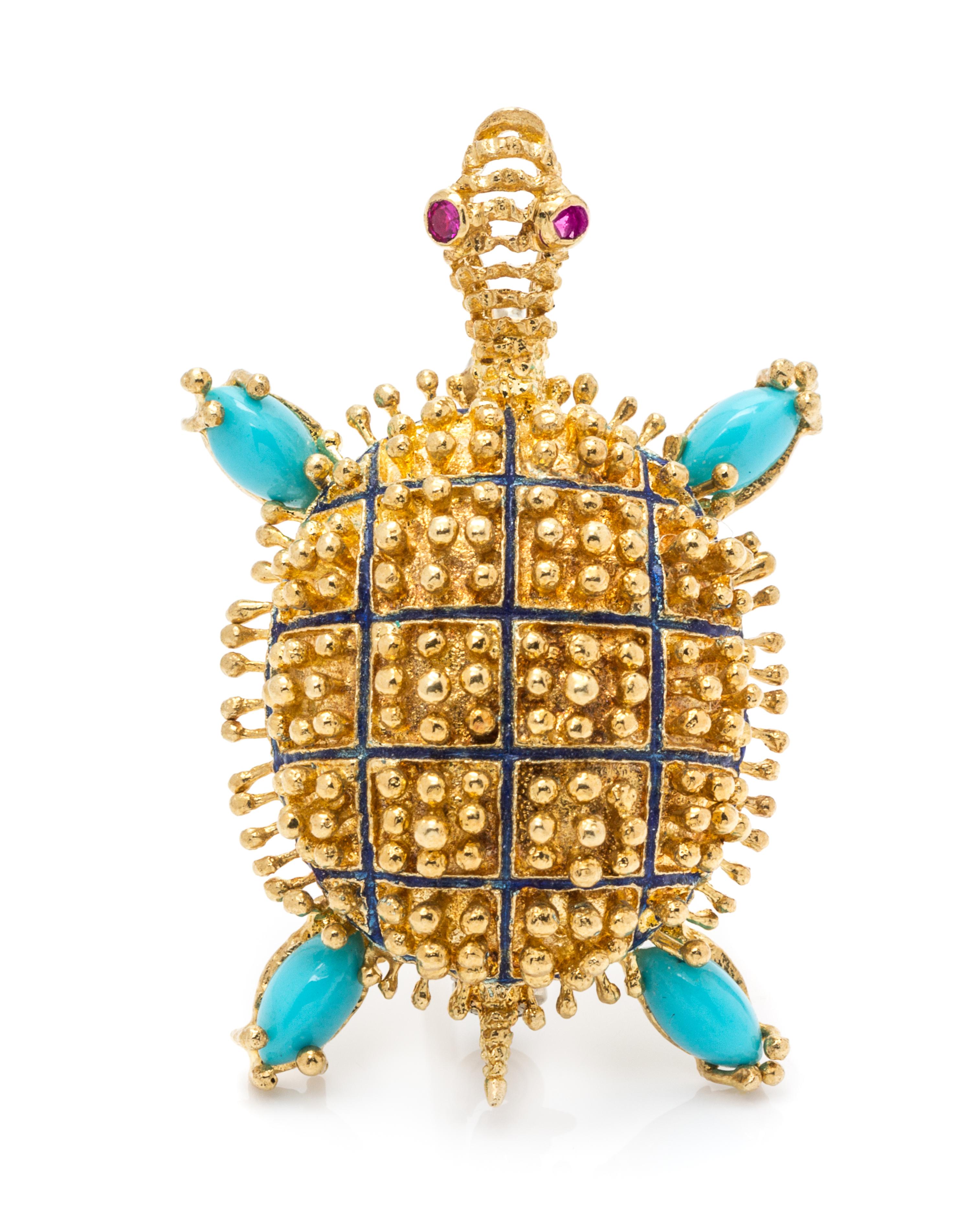 An 18 Karat Yellow Gold, Turquoise, Ruby and Enamel Turtle Brooch, Italy, 6.00 dwts.
