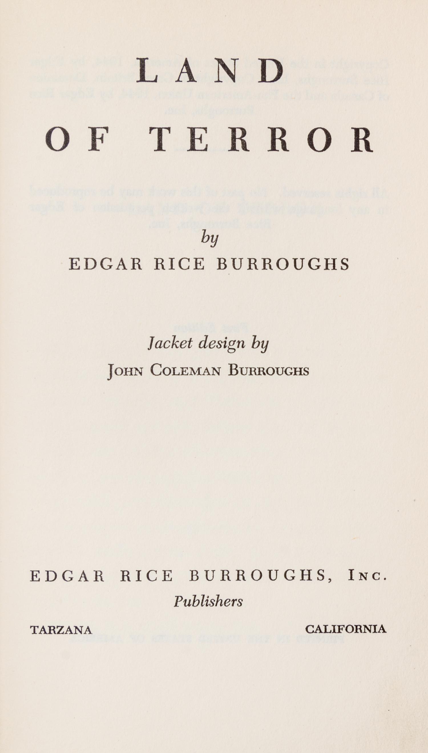 BURROUGHS, EDGAR RICE. Land of Terror. Tarzana, CA, 1944. First edition.