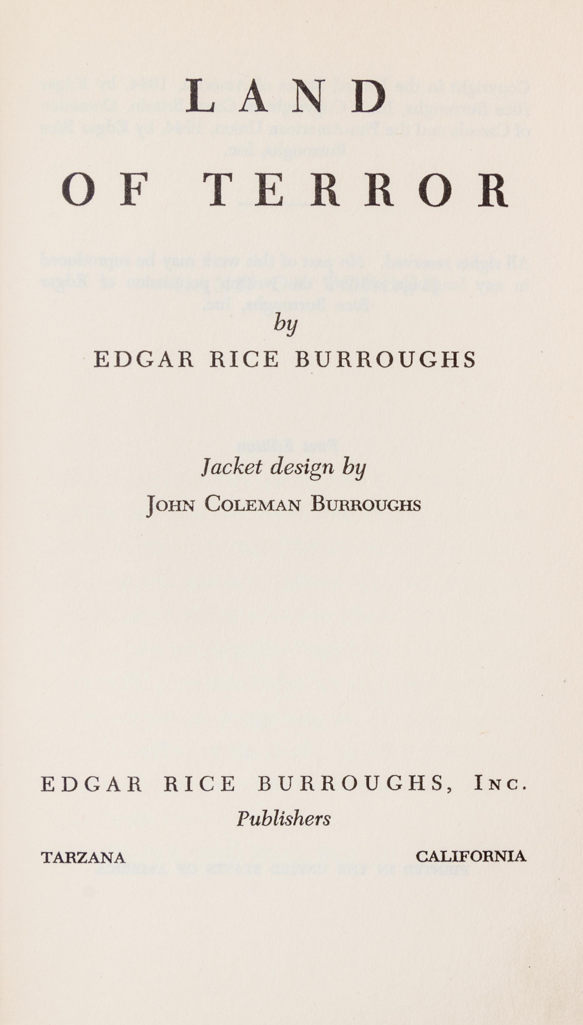 BURROUGHS, EDGAR RICE. Land of Terror. Tarzana, CA, 1944. First edition.