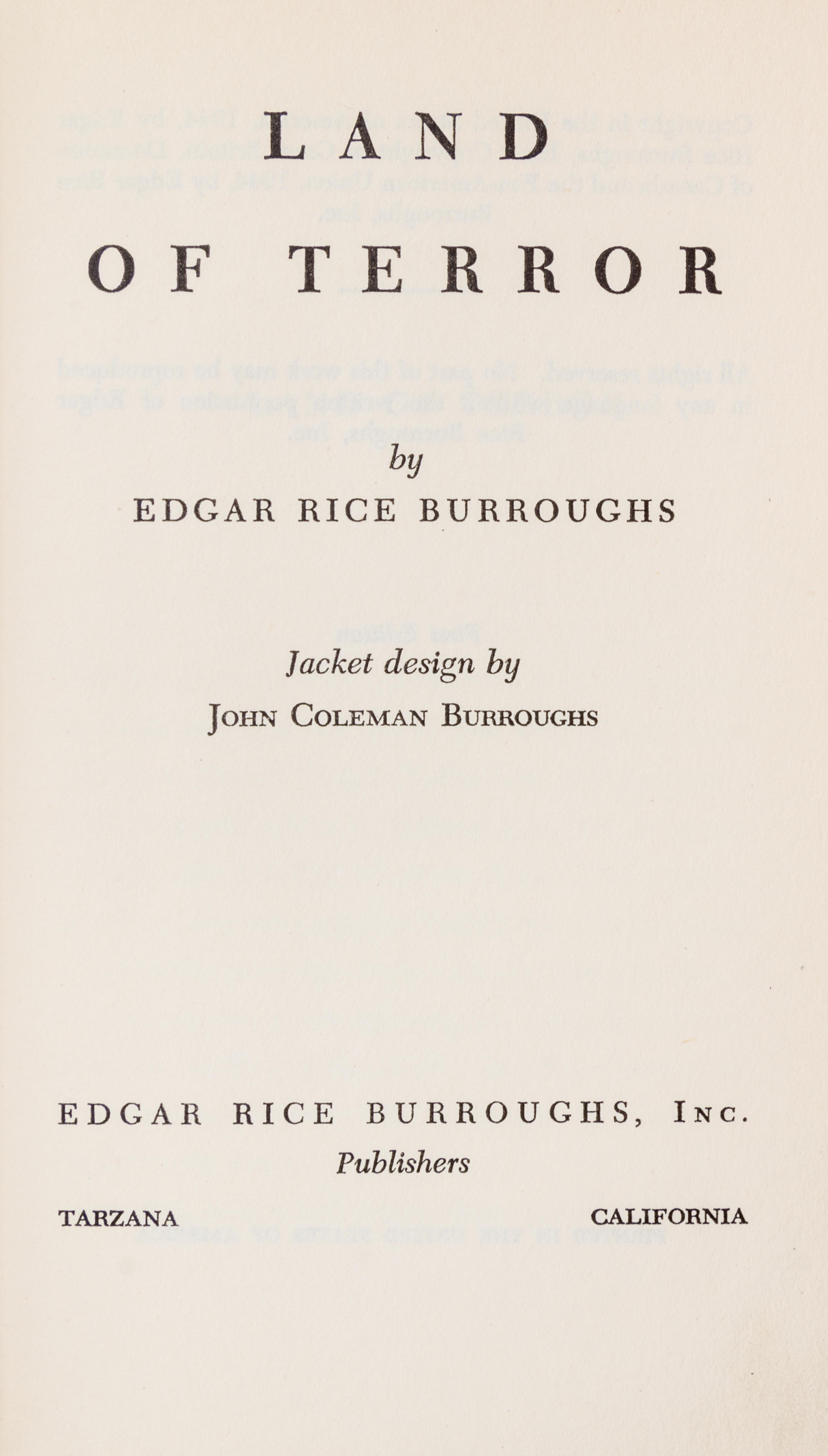 BURROUGHS, EDGAR RICE. Land of Terror. Tarzana, CA, 1944. First edition.