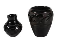 Pair of Carved Blackware Pottery Jars, with Avanyu
