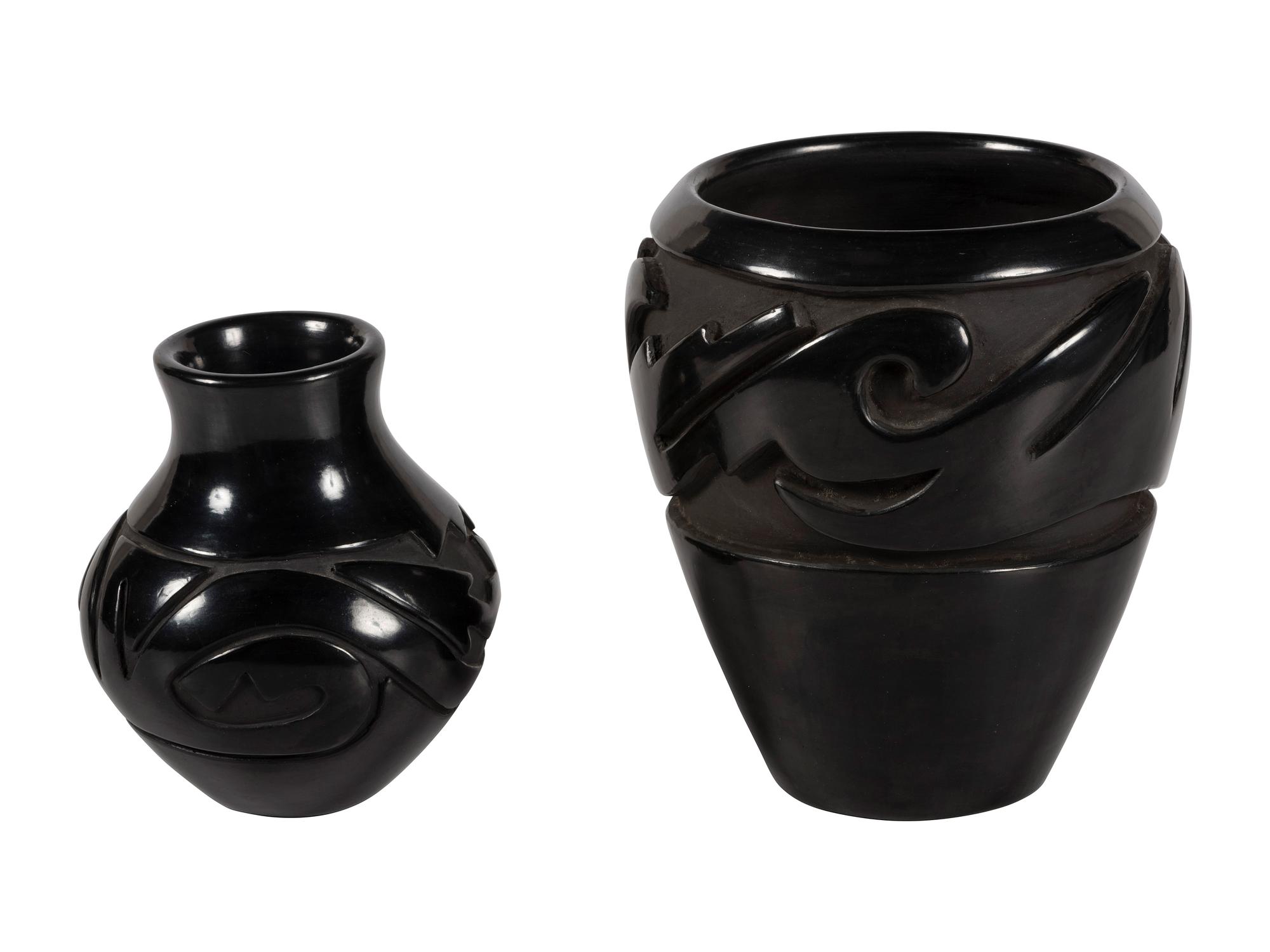 Pair of Carved Blackware Pottery Jars, with Avanyu