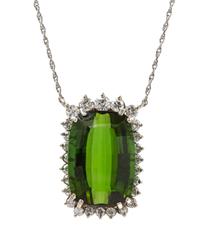 A White Gold, Green Tourmaline and Diamond Pendant, 5.50 dwts.