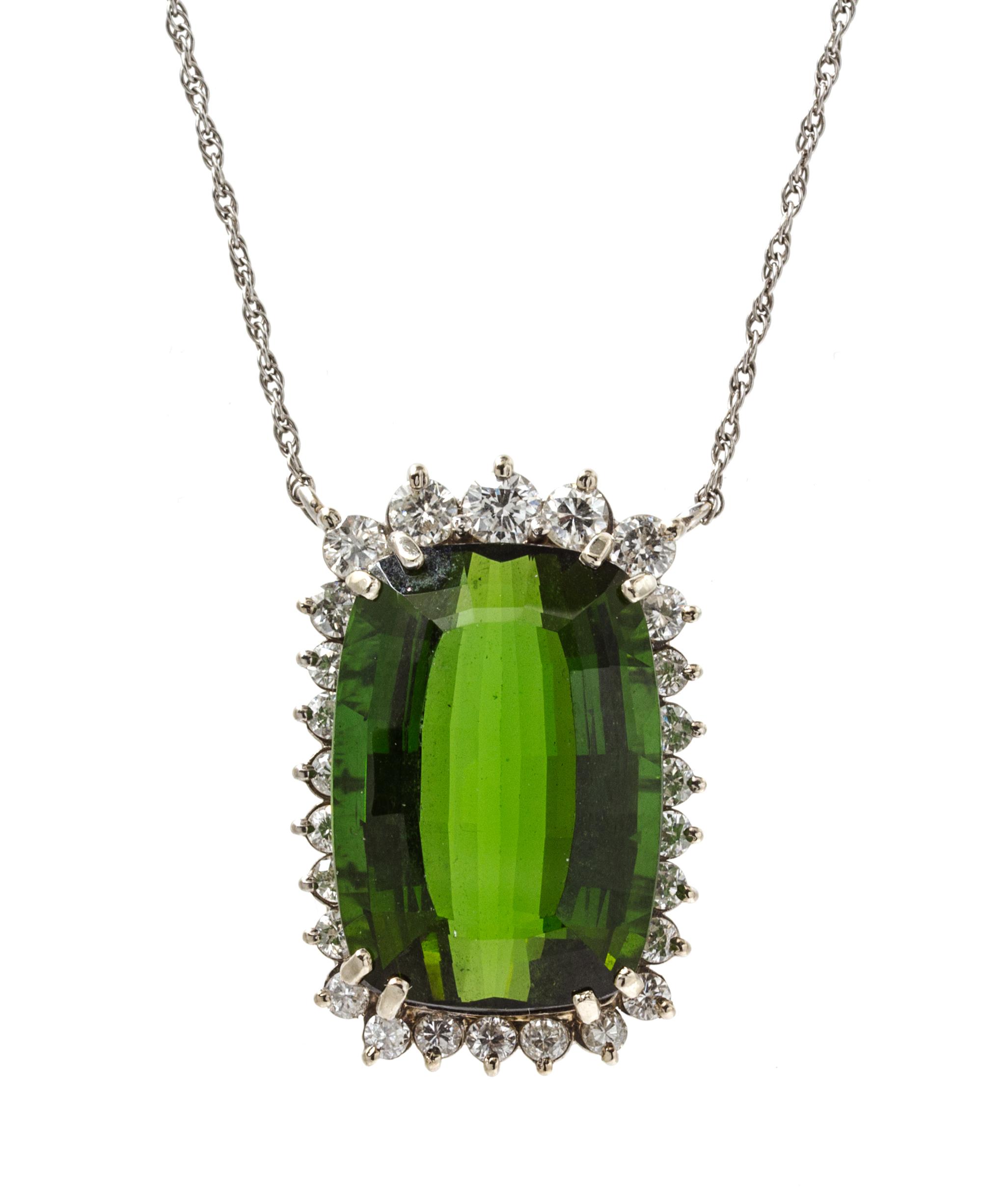 A White Gold, Green Tourmaline and Diamond Pendant, 5.50 dwts.