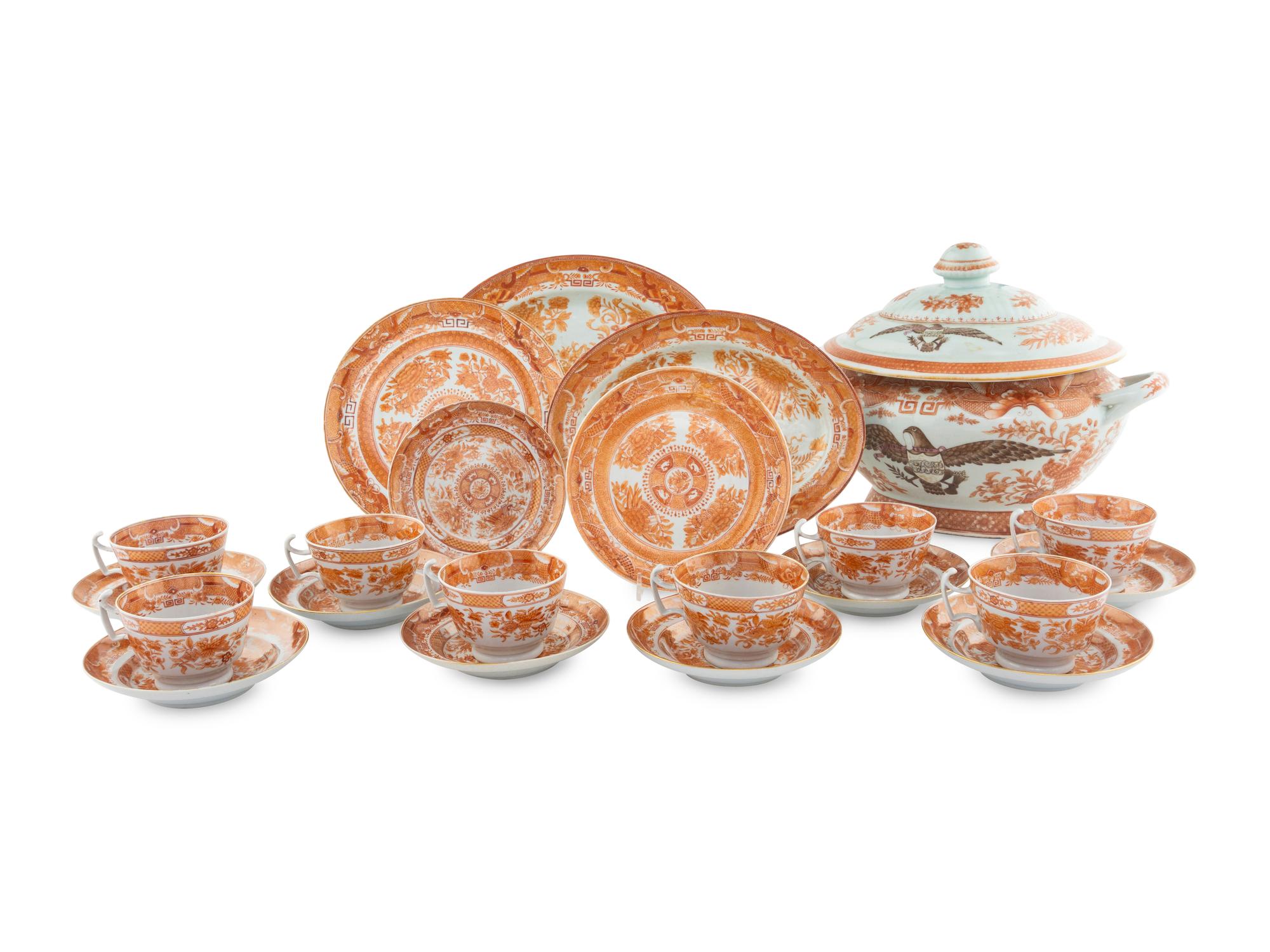 A Collection of Chinese Export Orange 'Fitzhugh' Porcelain Table Articles