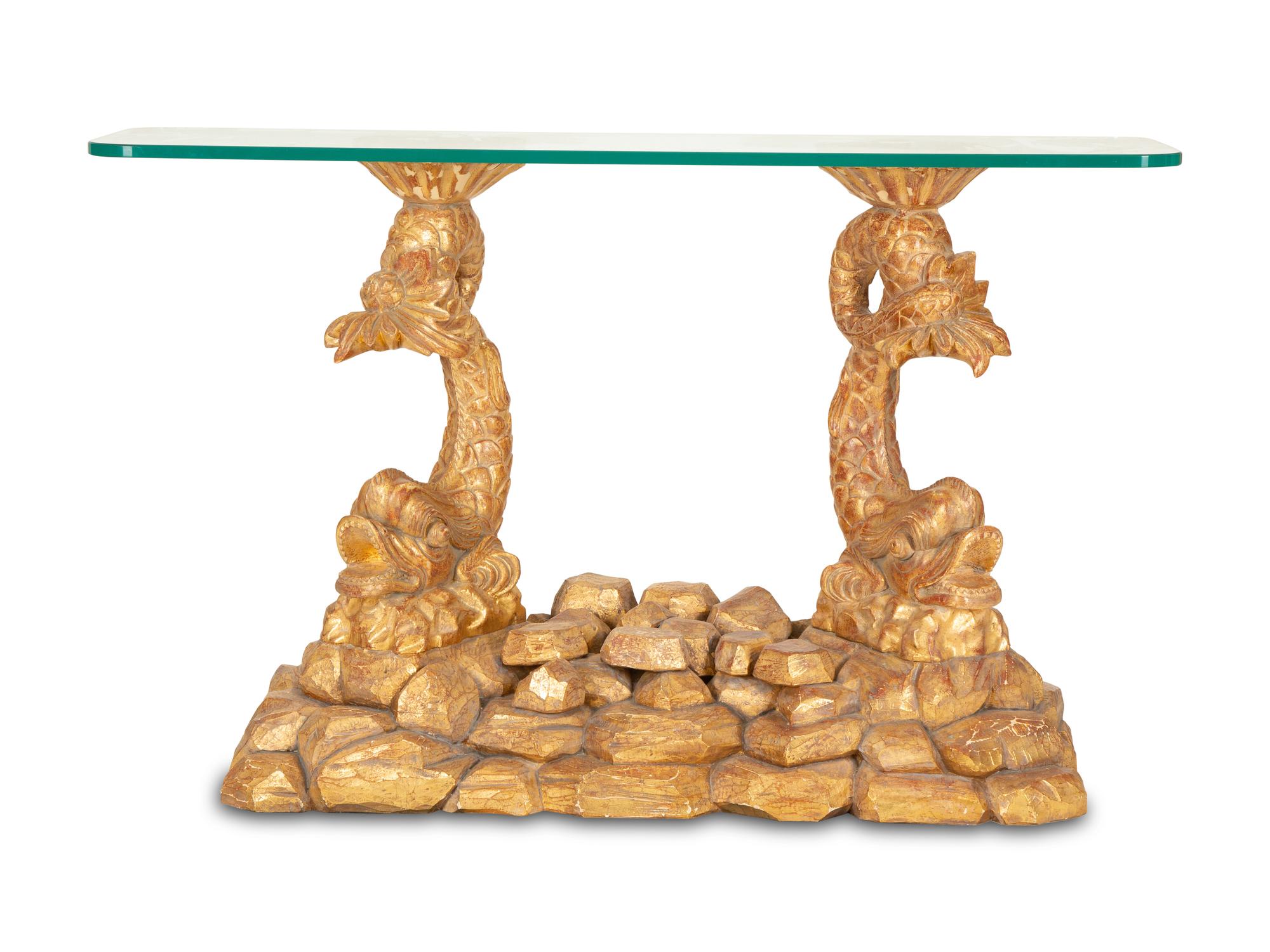 A Pair of Italian Grotto Style Carved Giltwood Pedestal Console Tables — 20th Century