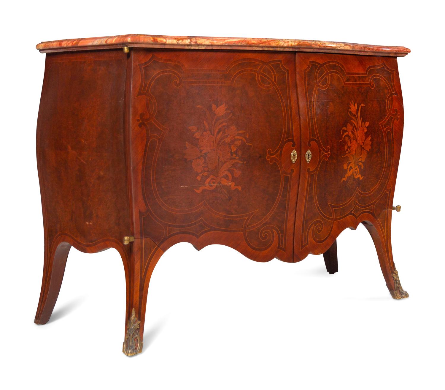 A Pair of Louis XV Style Marquetry and Burlwood Veneered Marble-Top Bombe Commodes