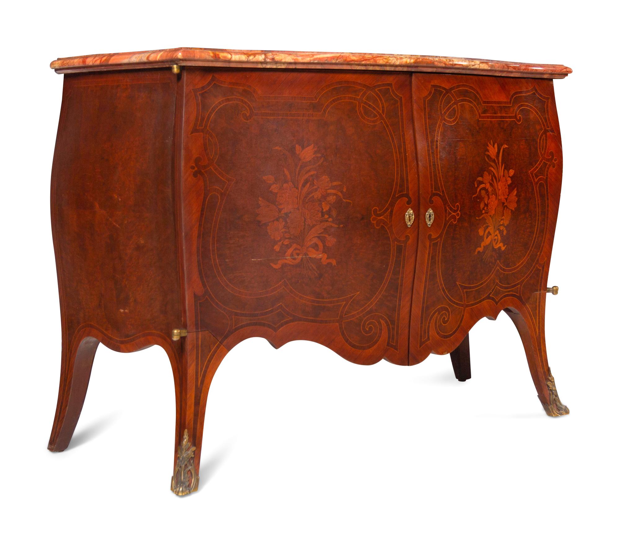 A Pair of Louis XV Style Marquetry and Burlwood Veneered Marble-Top Bombe Commodes