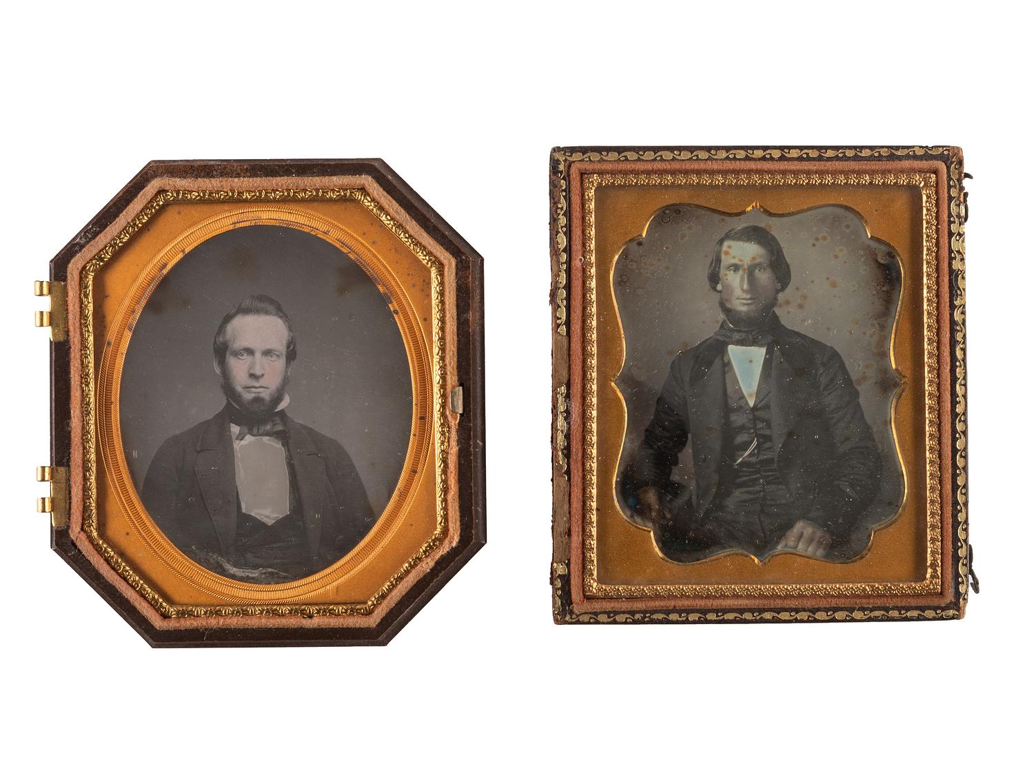 [EARLY PHOTOGRAPHY]. A group of 19 cased images, mostly daguerreotypes of young men, highlighted by portraits by Van Loan and Ennis Galleries, including: