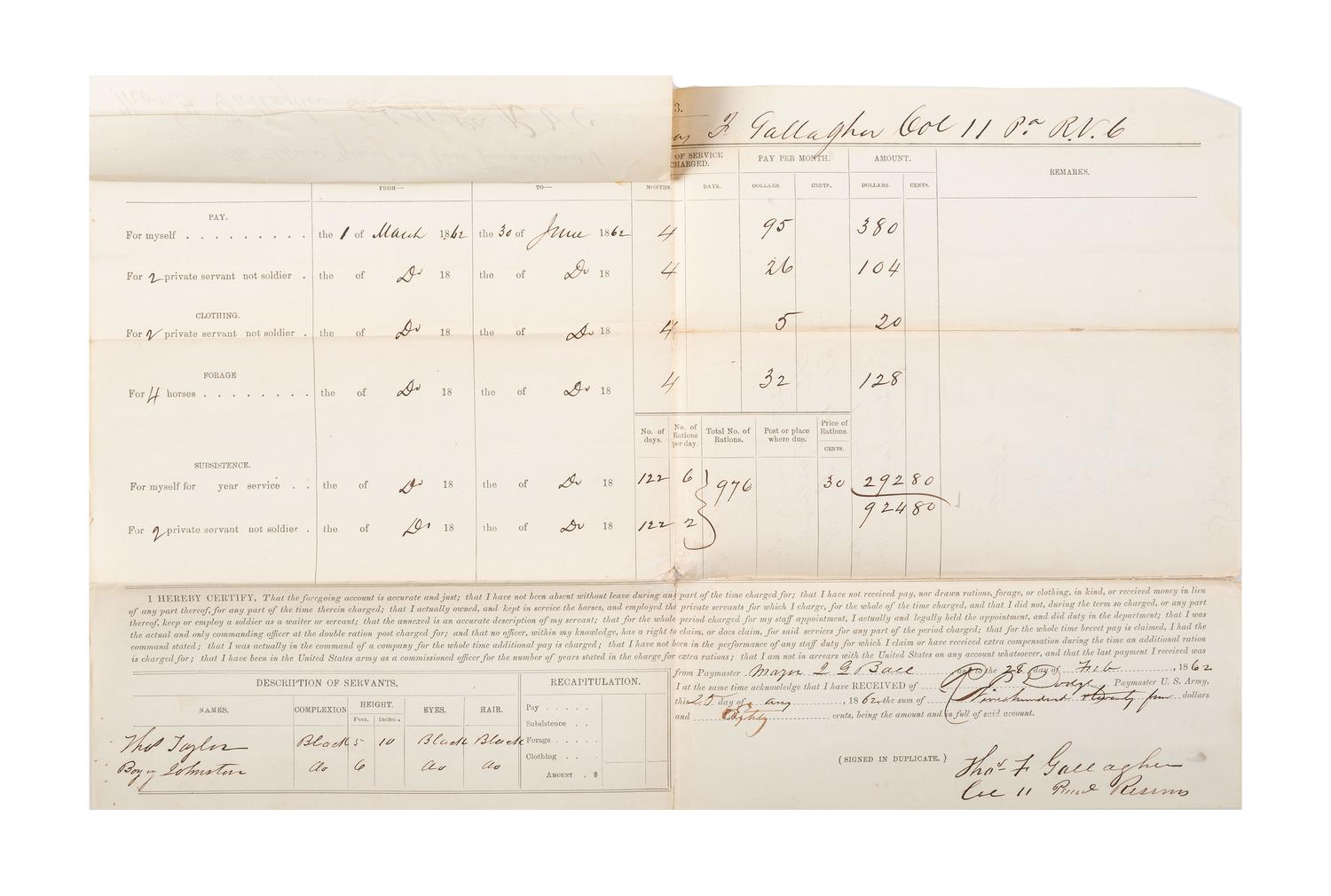 [CIVIL WAR]. A group of 4 documents, incl. partly printed pay vouchers accounting for Black private servants.