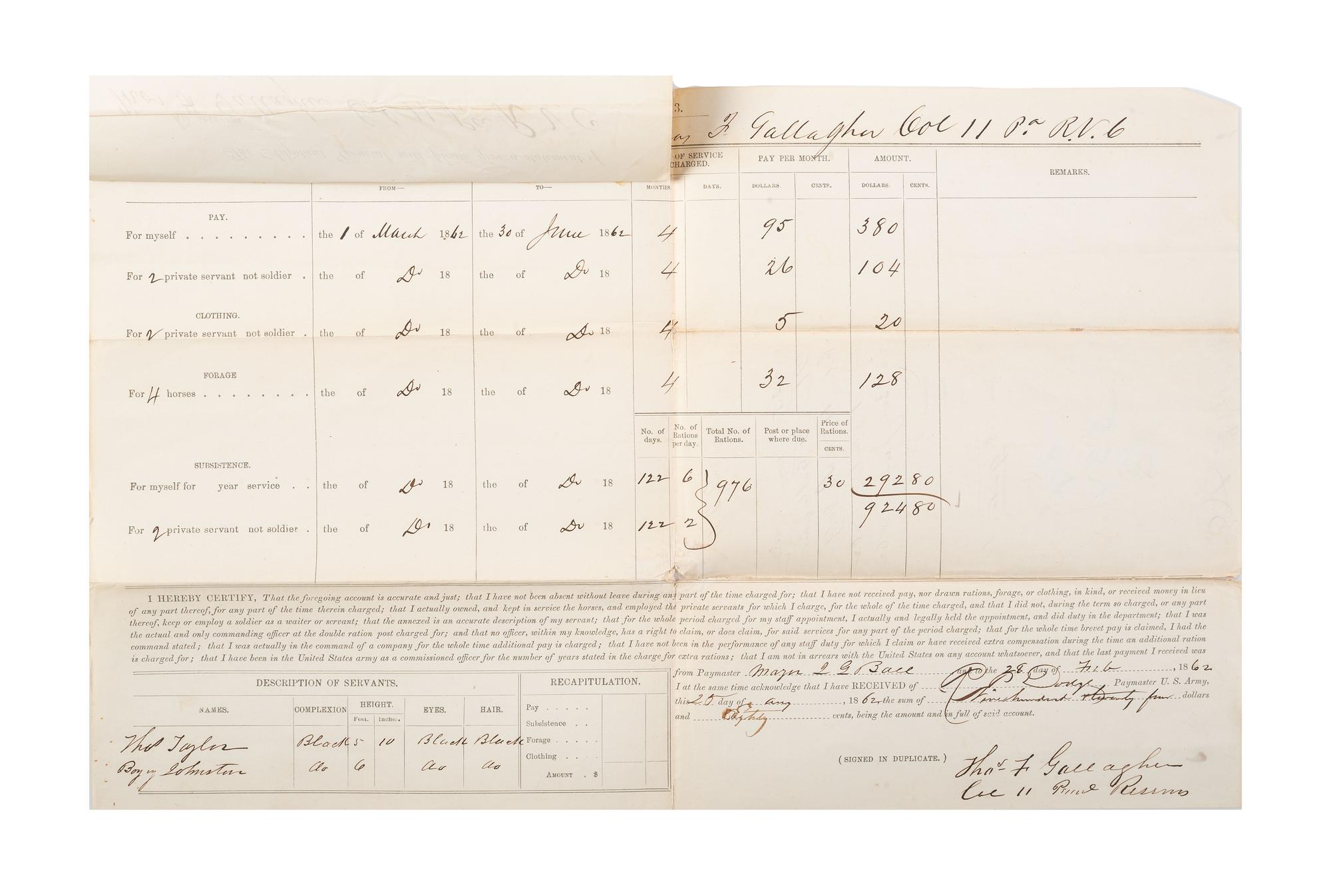 [CIVIL WAR]. A group of 4 documents, incl. partly printed pay vouchers accounting for Black private servants.