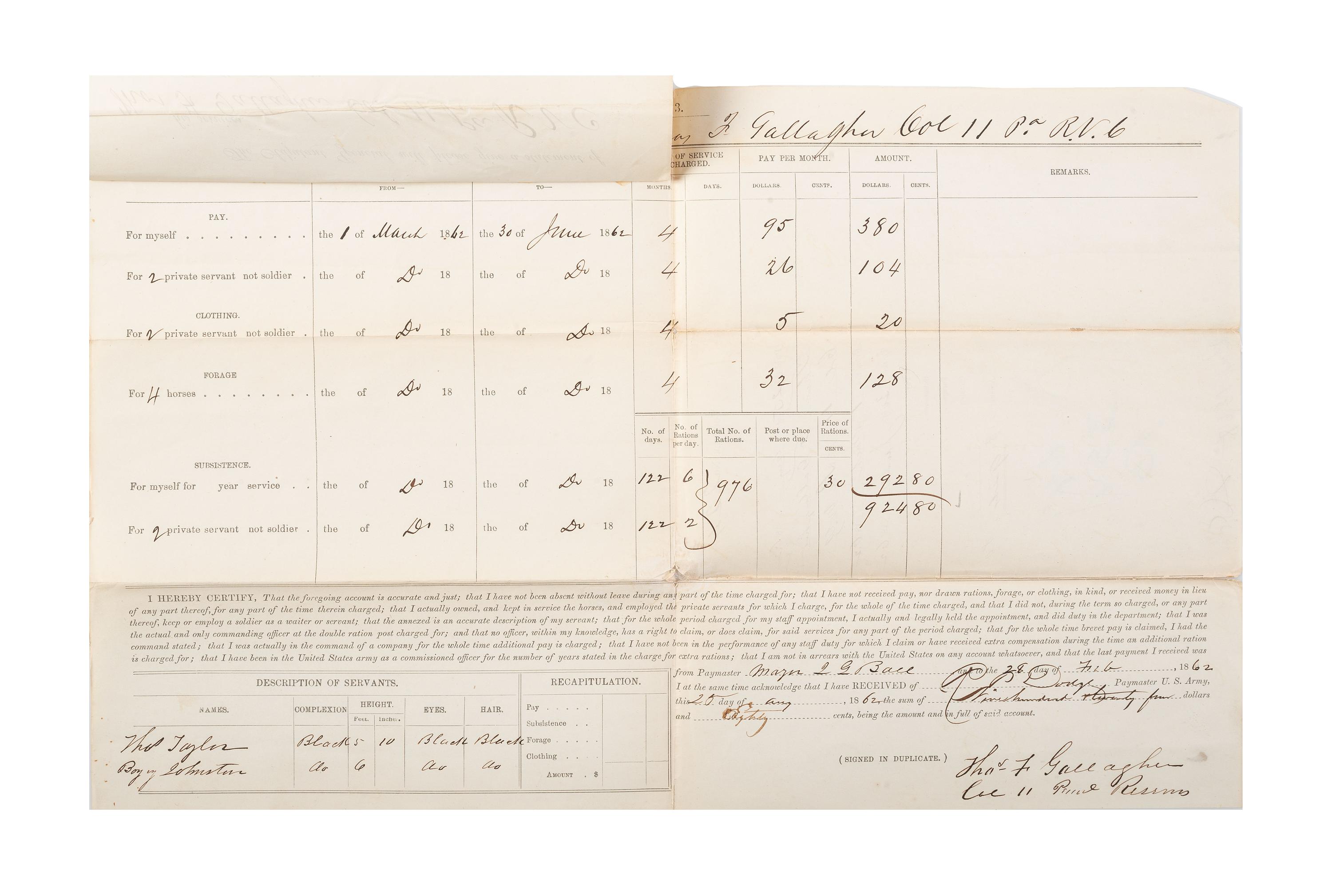 [CIVIL WAR]. A group of 4 documents, incl. partly printed pay vouchers accounting for Black private servants.