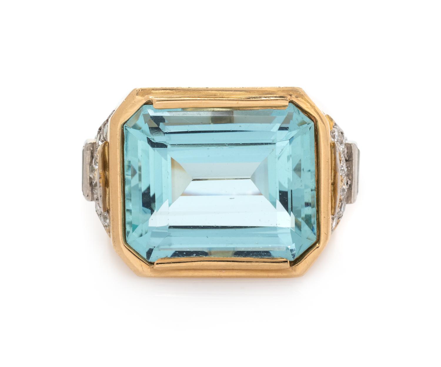 A Yellow Gold, Platinum, Aquamarine, and Diamond Ring, 13.20 dwts.