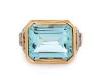 A Yellow Gold, Platinum, Aquamarine, and Diamond Ring, 13.20 dwts.