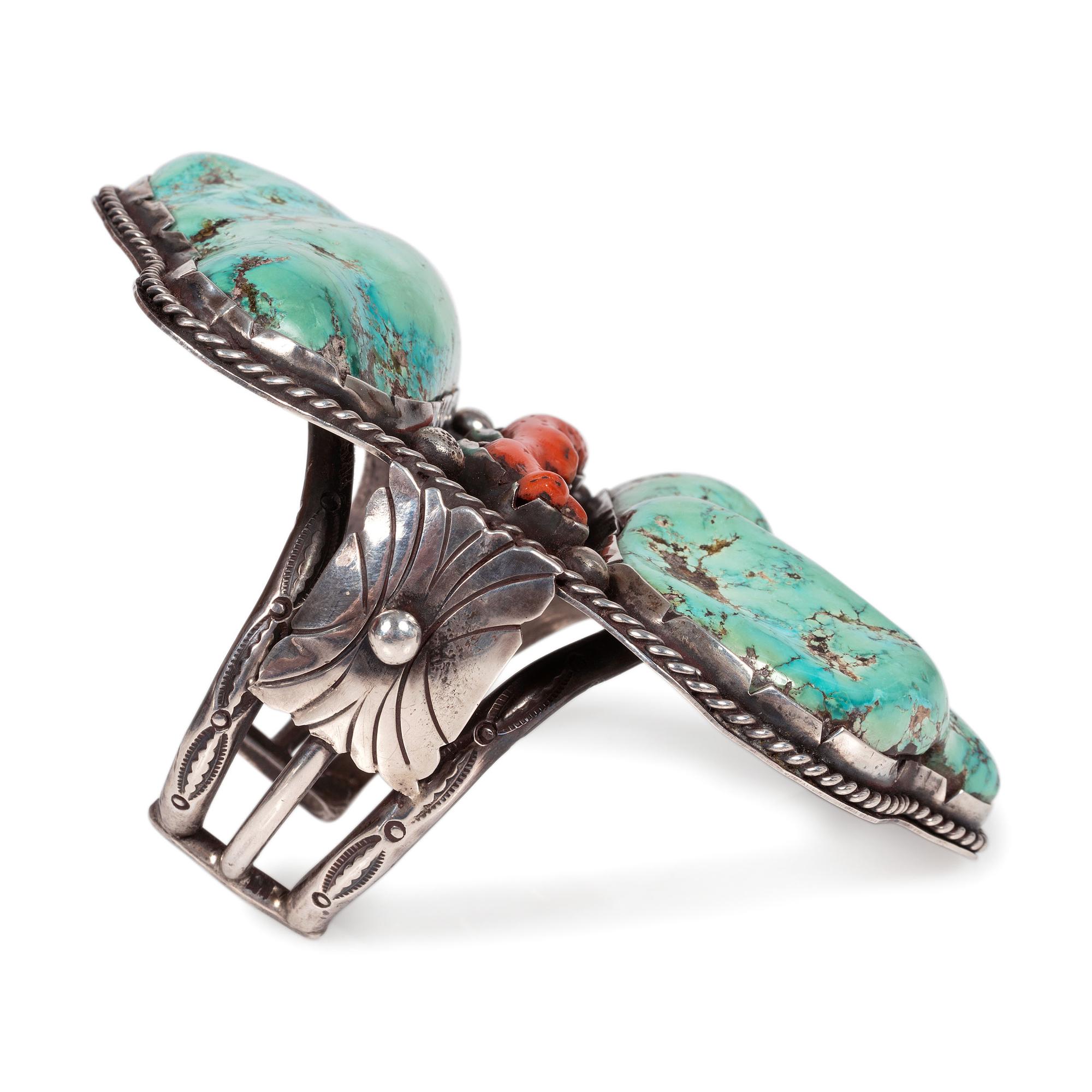 Large Navajo Silver Cuff Bracelet, with Turquoise Nuggets and Branch of Coral