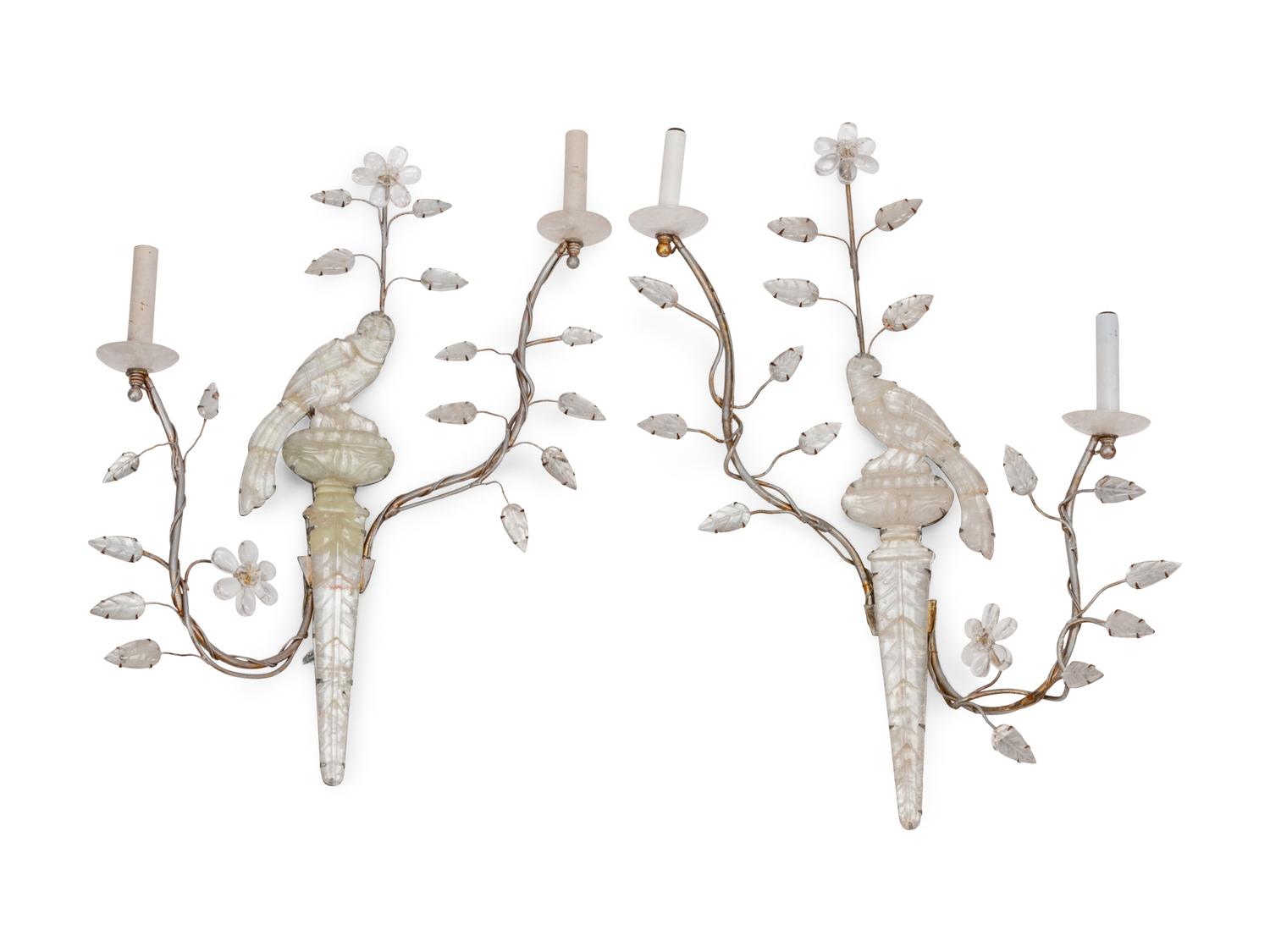 A Pair of Rock Crystal Mounted Two-Light Sconces in the Style of Maison Baguès