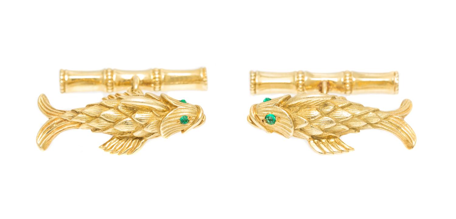 A Pair of Yellow Gold and Emerald Fish Cufflinks, Schlumberger for Tiffany & Co., 10.20 dwts.
