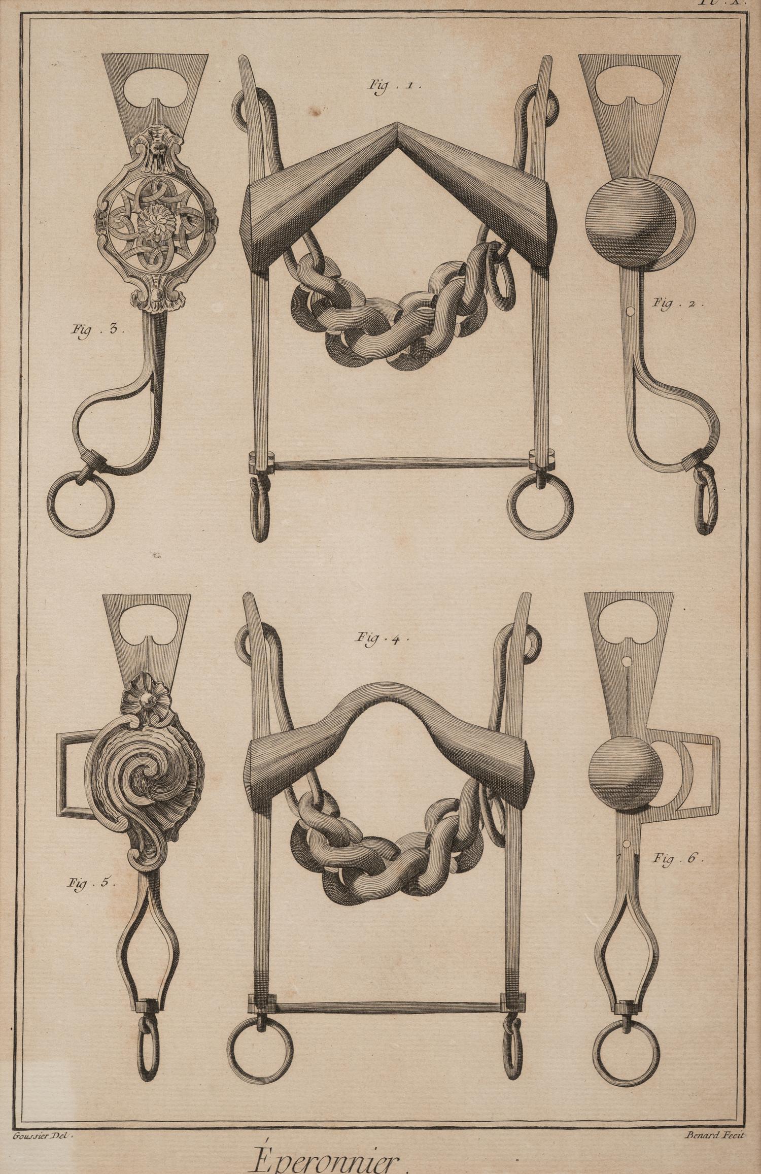Four Engravings Depicting Horse Spurs, after Louis-Jacques Goussier