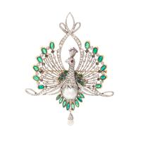 EVELYN CLOTHIER, DIAMOND, CULTURED PEARL, EMERALD, AND SAPPHIRE PEACOCK BROOCH/PENDANT