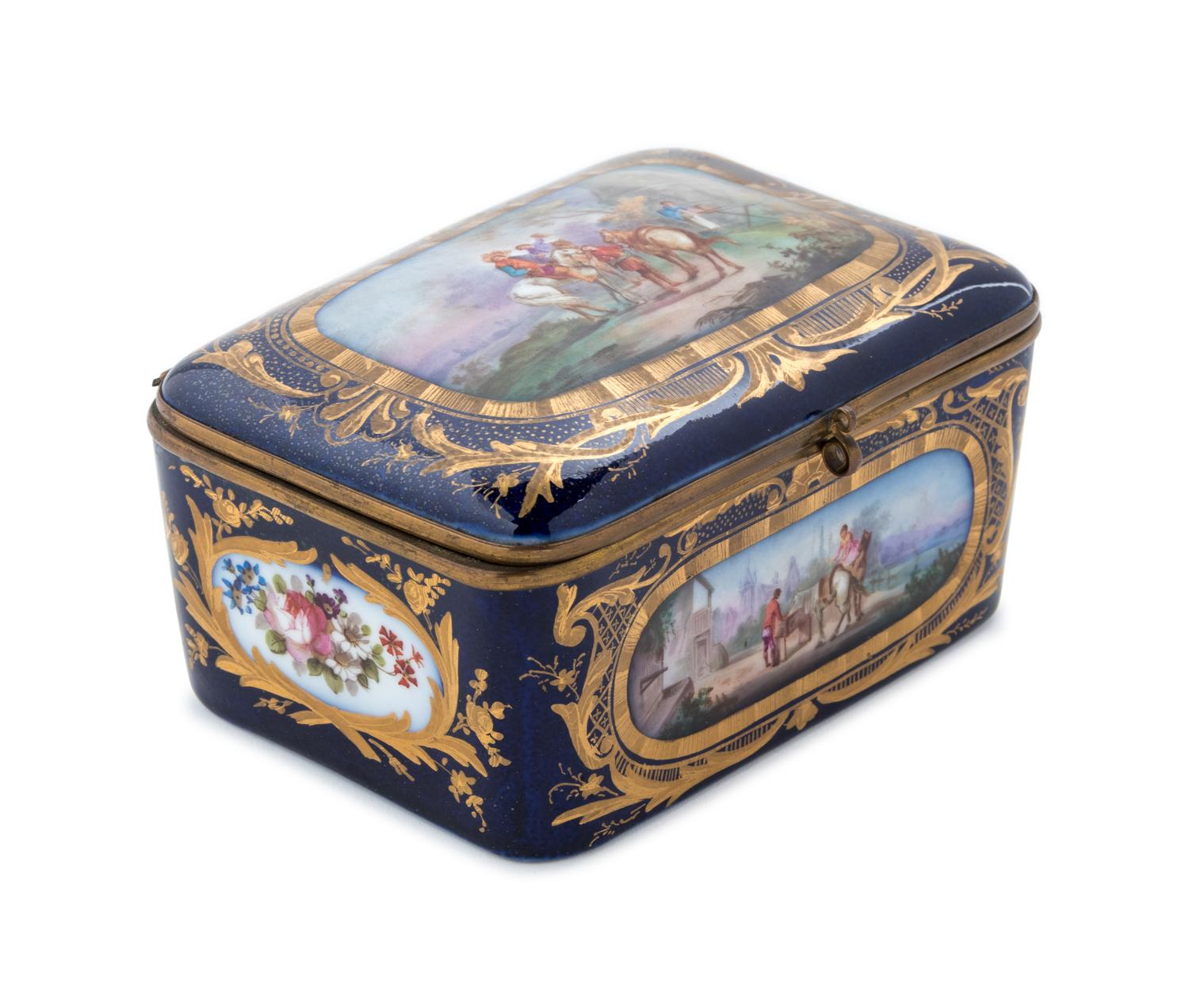 A Sèvres Style Gilt Metal Mounted Painted and Parcel Gilt Porcelain Table Casket