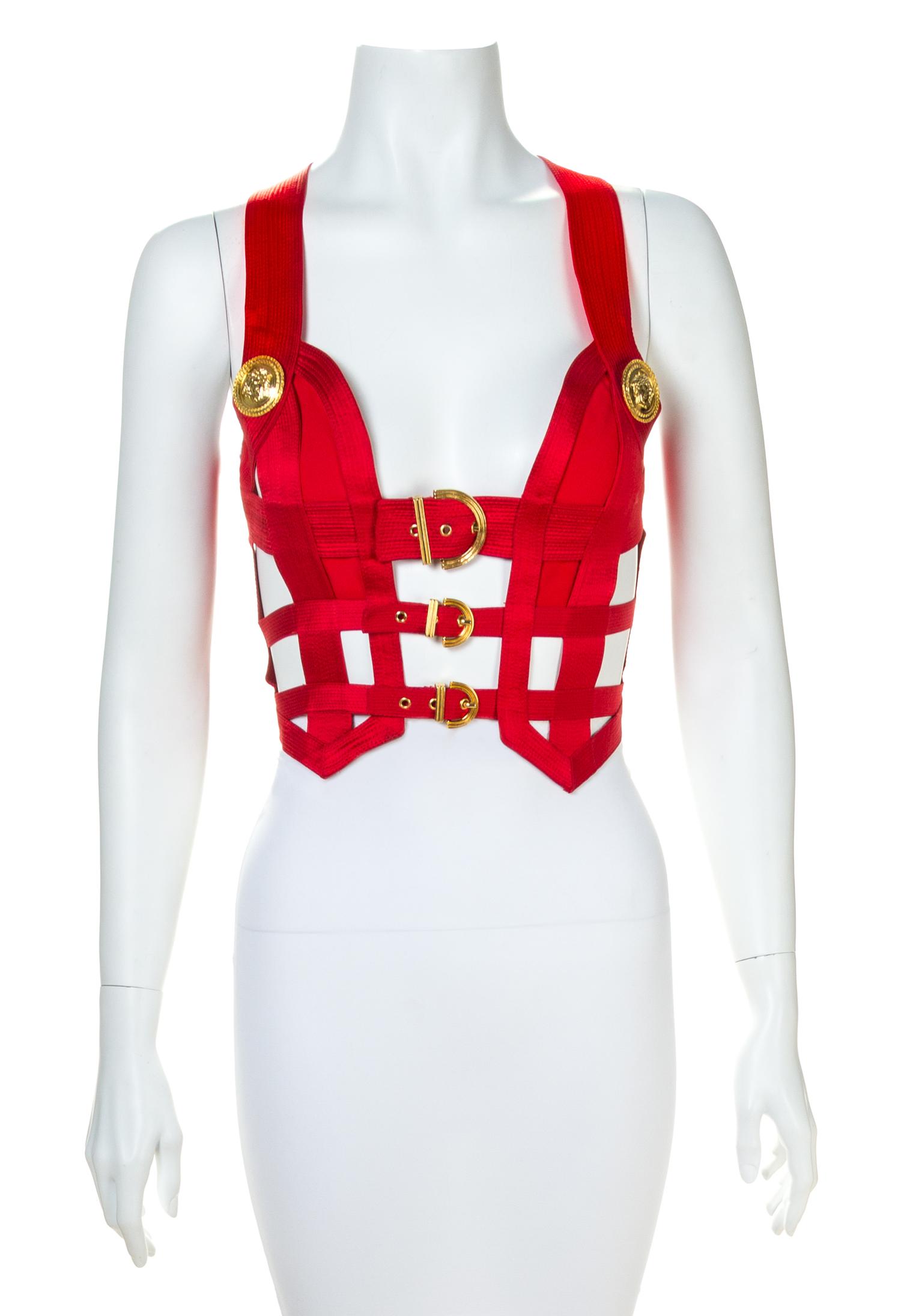 A Gianni Versace Red Silk Bondage Harness Bodice, Size 40.
