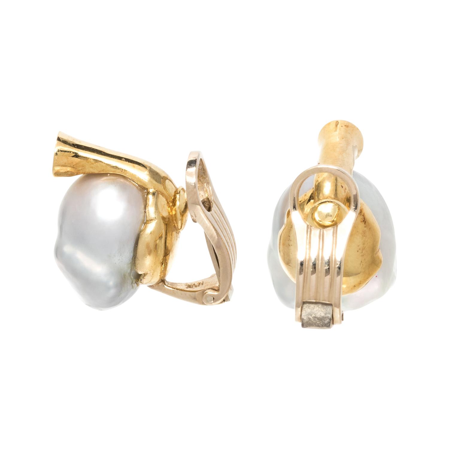 CULTURED BAROQUE PEARL AND DIAMOND EARCLIPS