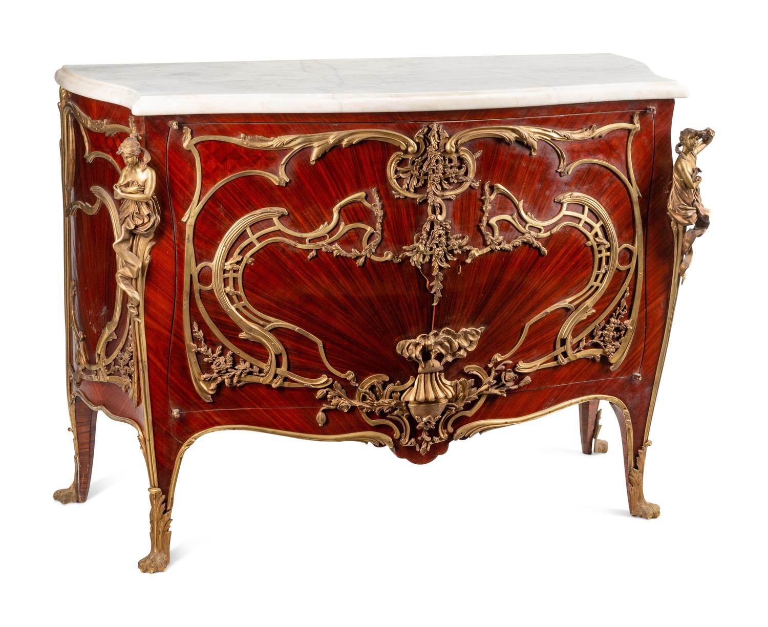 A Louis XV Style Gilt Bronze Mounted Parquetry Marble-Top Cabinet