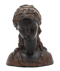 A Continental Black and Brown Glazed Ceramic Bust of Young Maiden Height 13 1/2 inches. — 19TH CENTURY