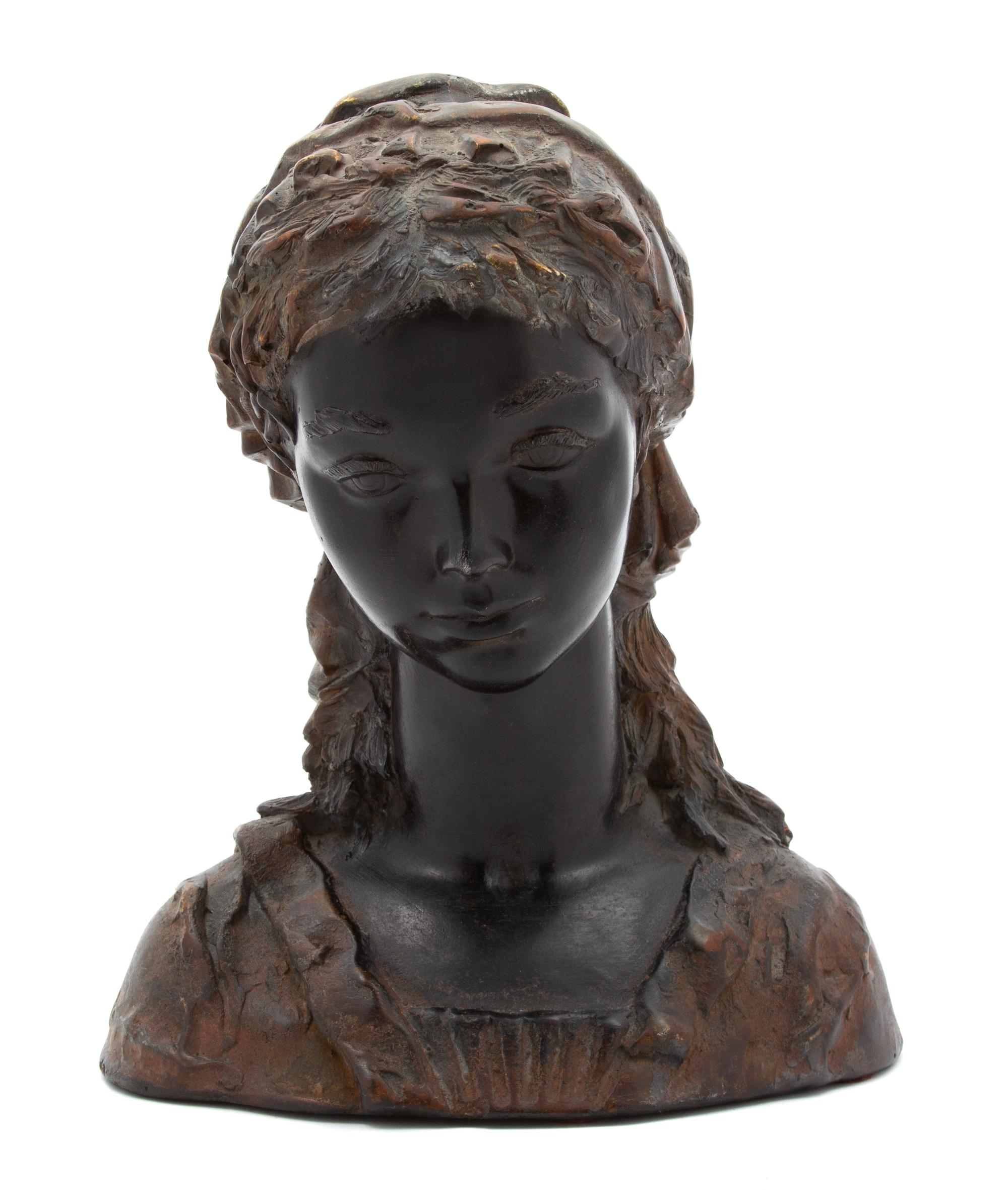 A Continental Black and Brown Glazed Ceramic Bust of Young Maiden Height 13 1/2 inches. — 19TH CENTURY