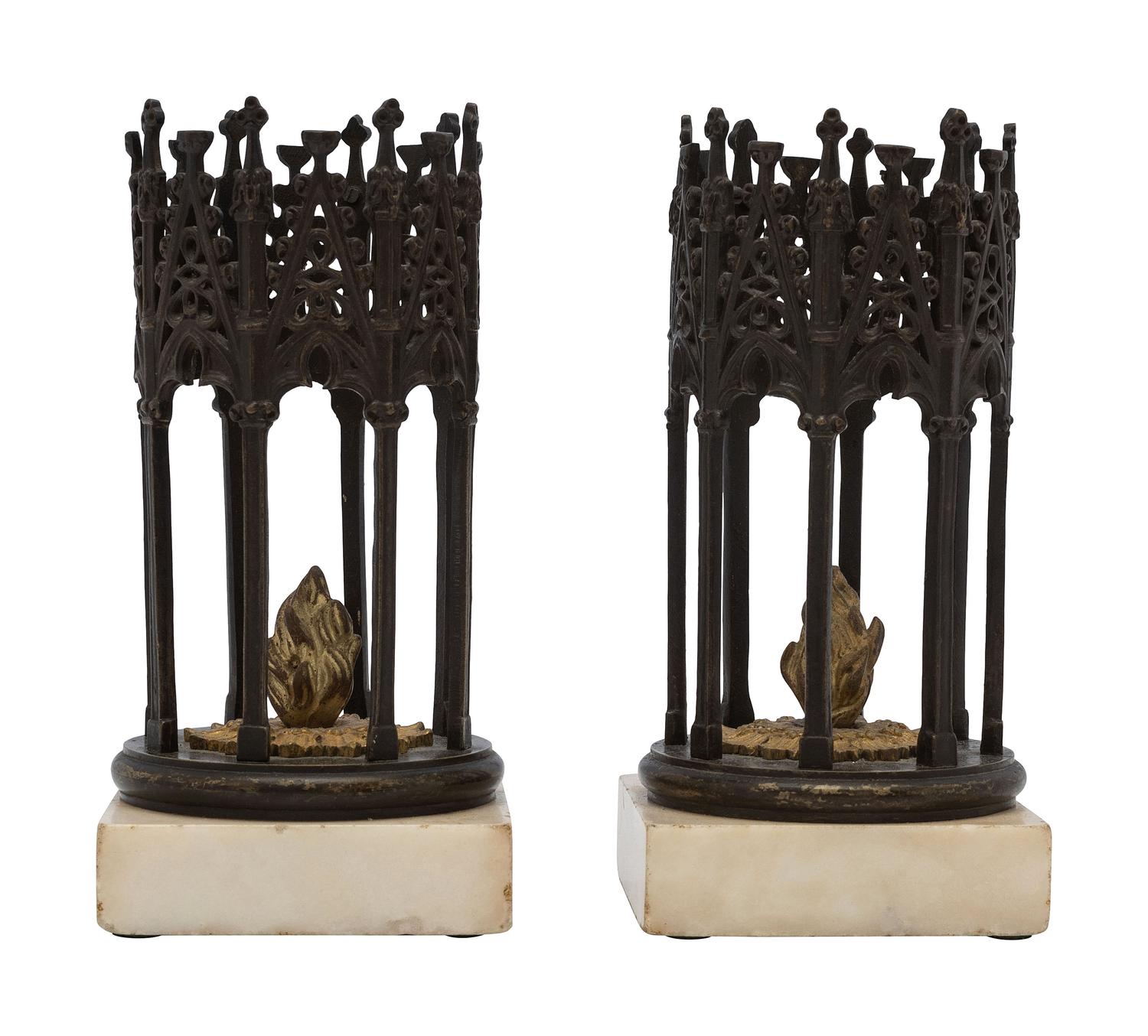 A Pair of English Gothic Revival Cast Iron and Marble Ornaments