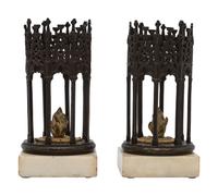 A Pair of English Gothic Revival Cast Iron and Marble Ornaments