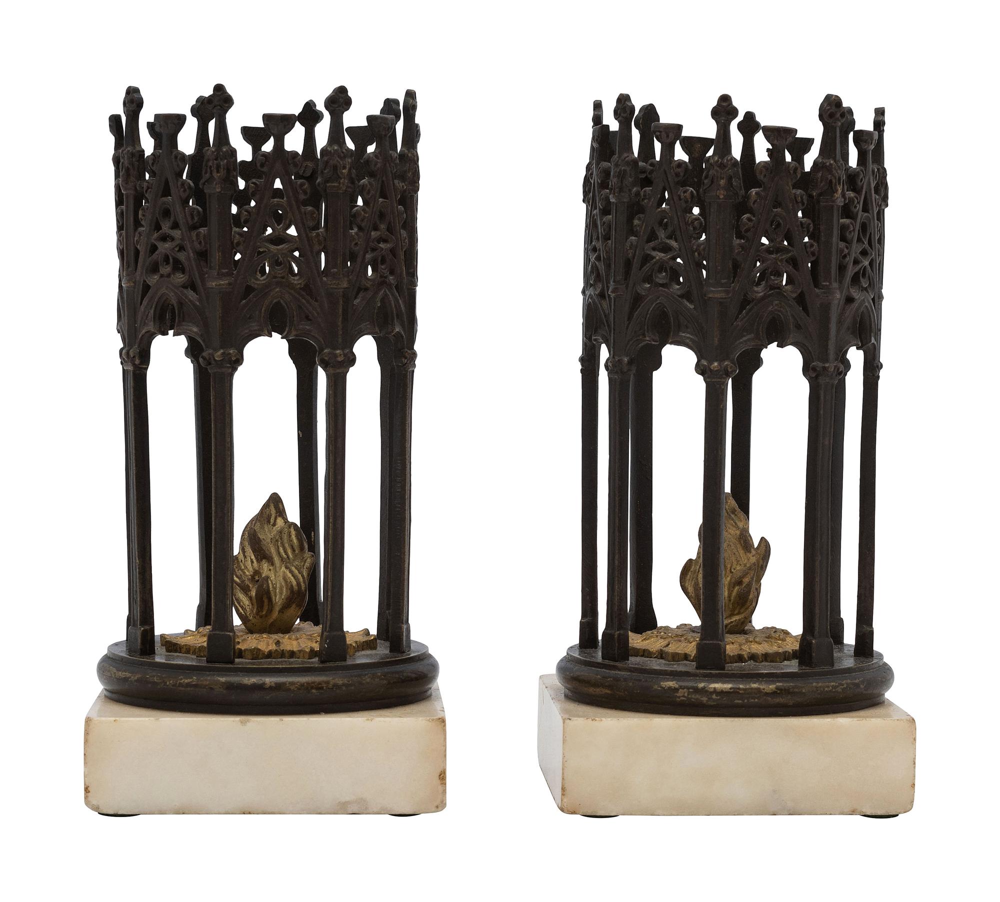 A Pair of English Gothic Revival Cast Iron and Marble Ornaments