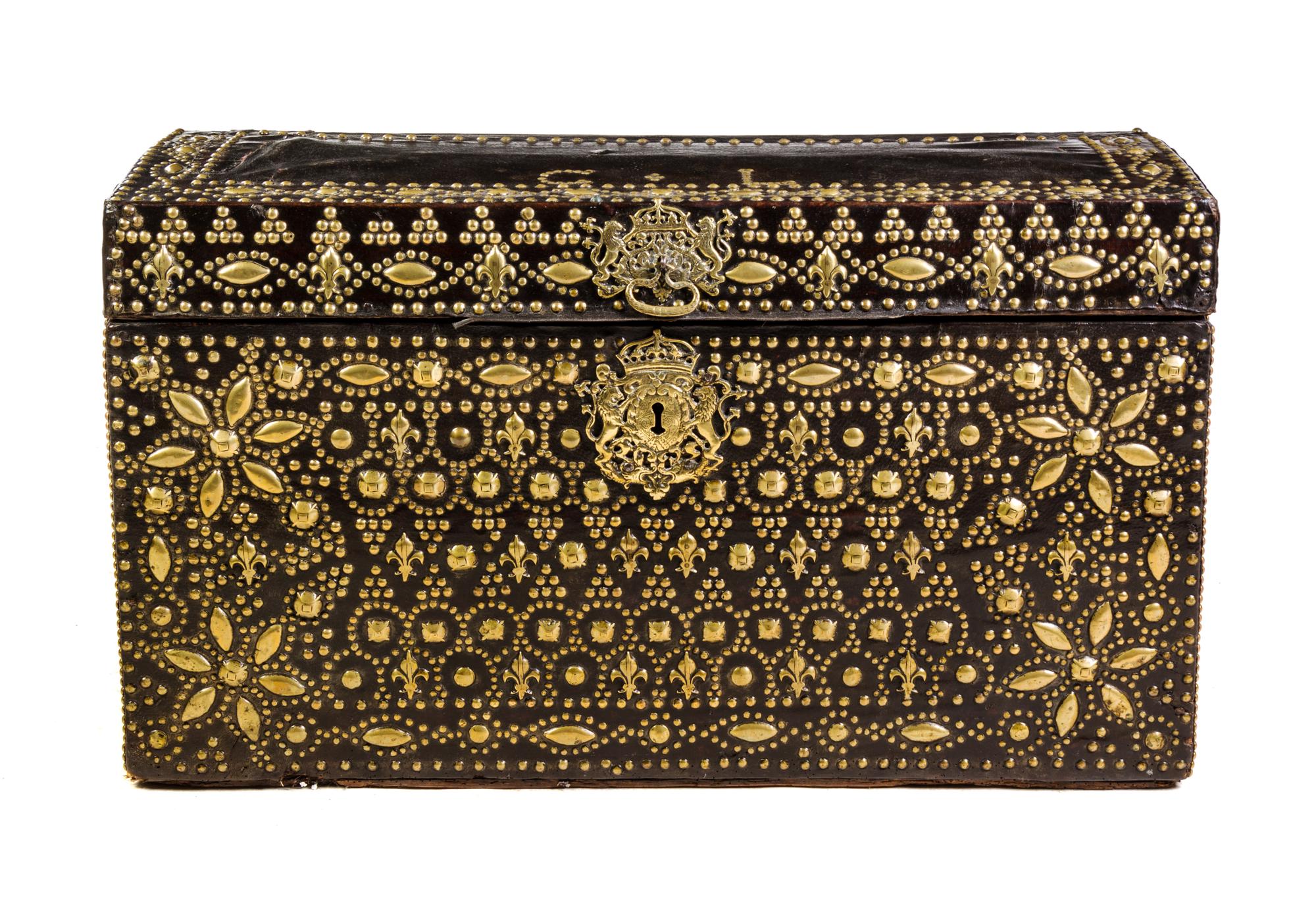 A French or Dutch Studded Leather Chest Height 24 3/4 x width 42 1/2 x depth 15 inches. — 18TH CENTURY
