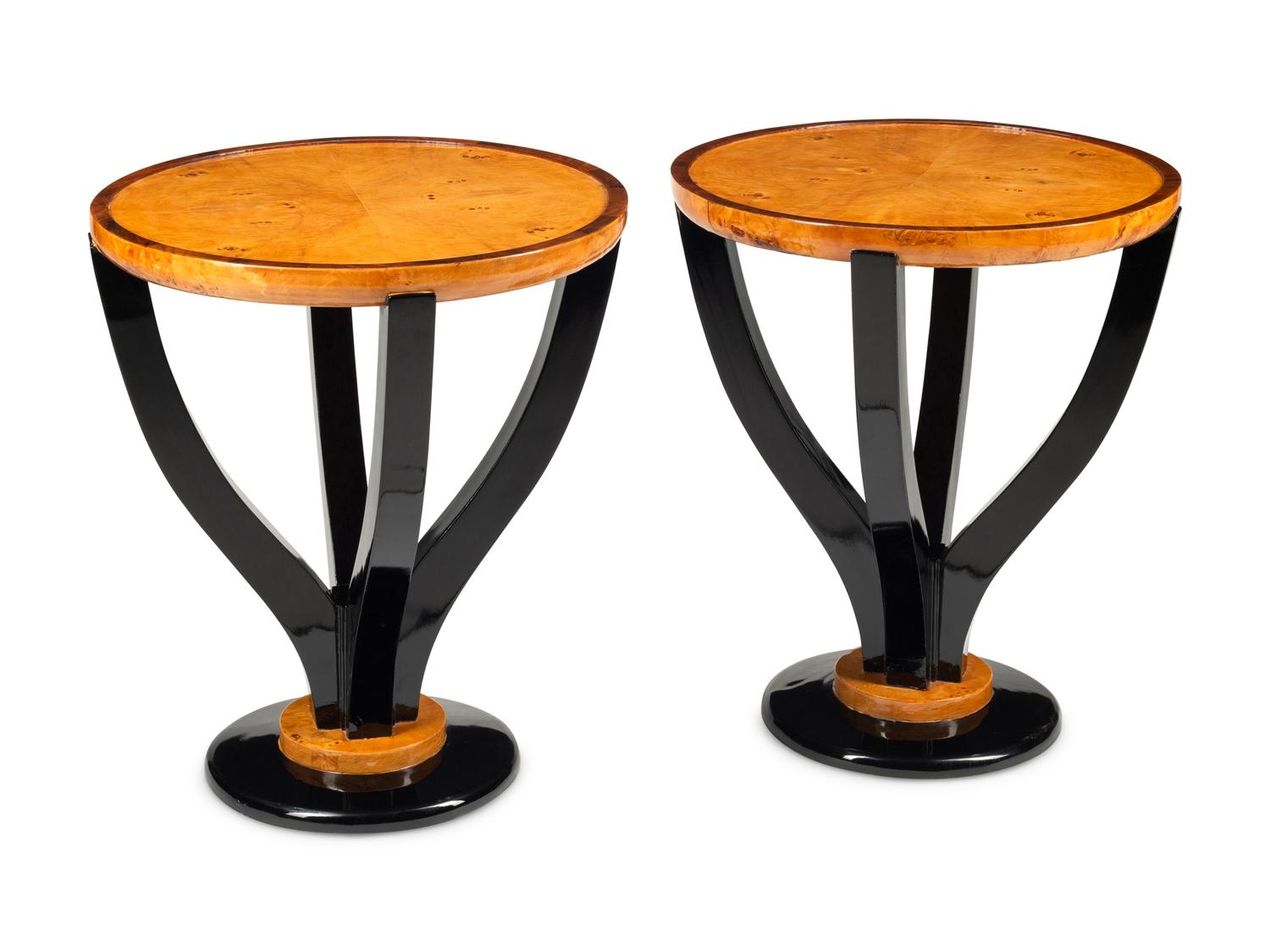 A Pair of Modernist Part Ebonized Burlwood Side Tables