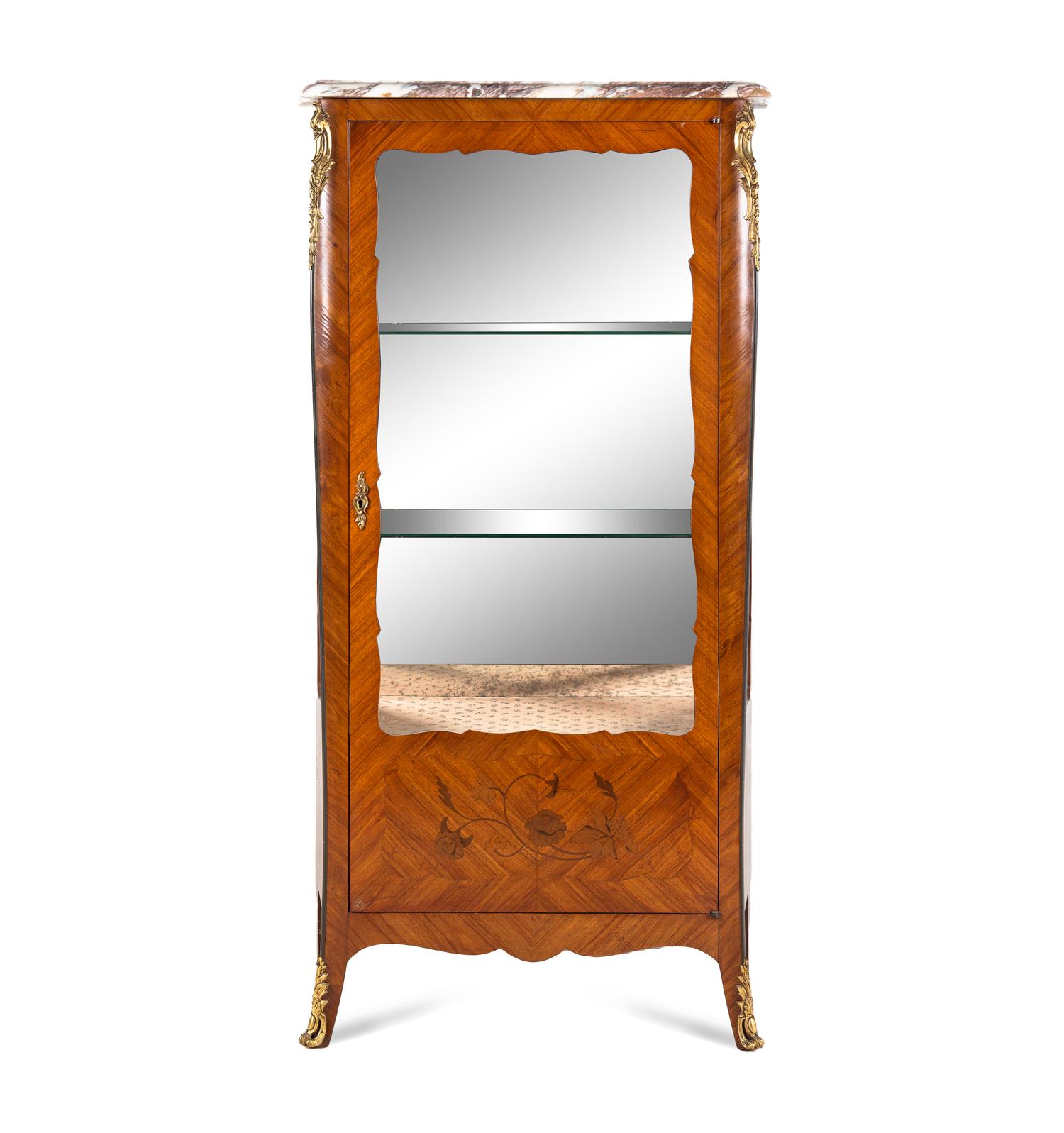 A Louis XV Style Gilt Metal Mounted Marquetry Vitrine Cabinet