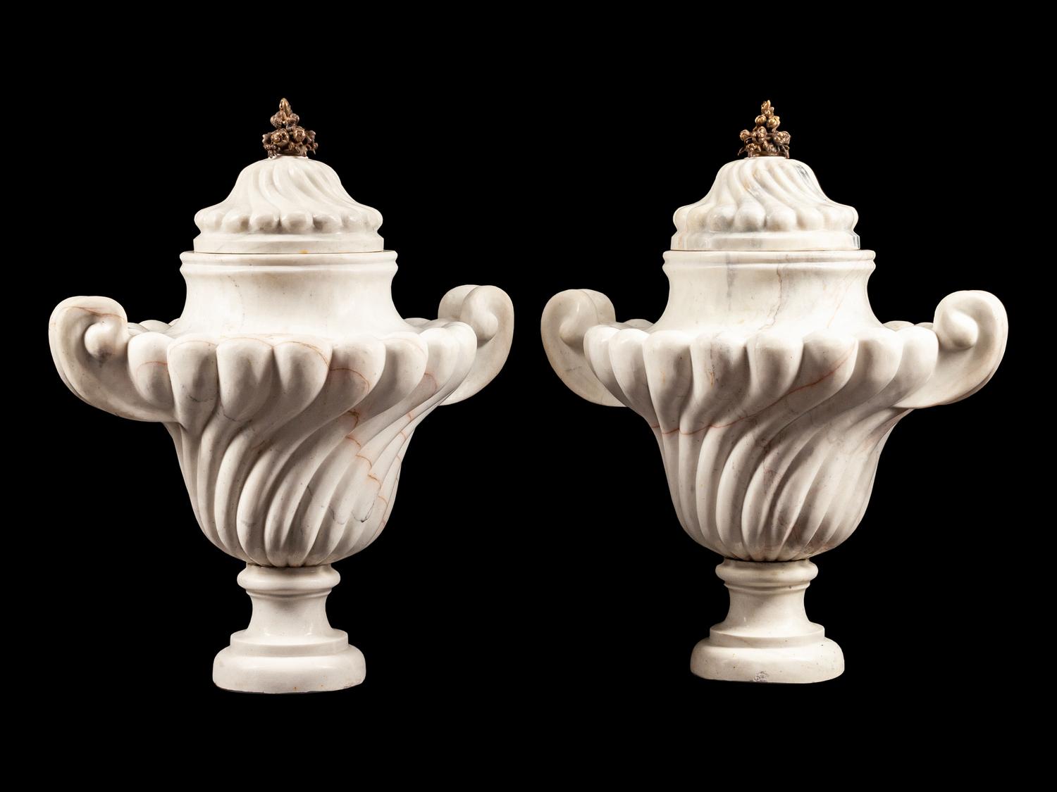 A Pair of Italian Bronze-Mounted Fluted Marble Urns