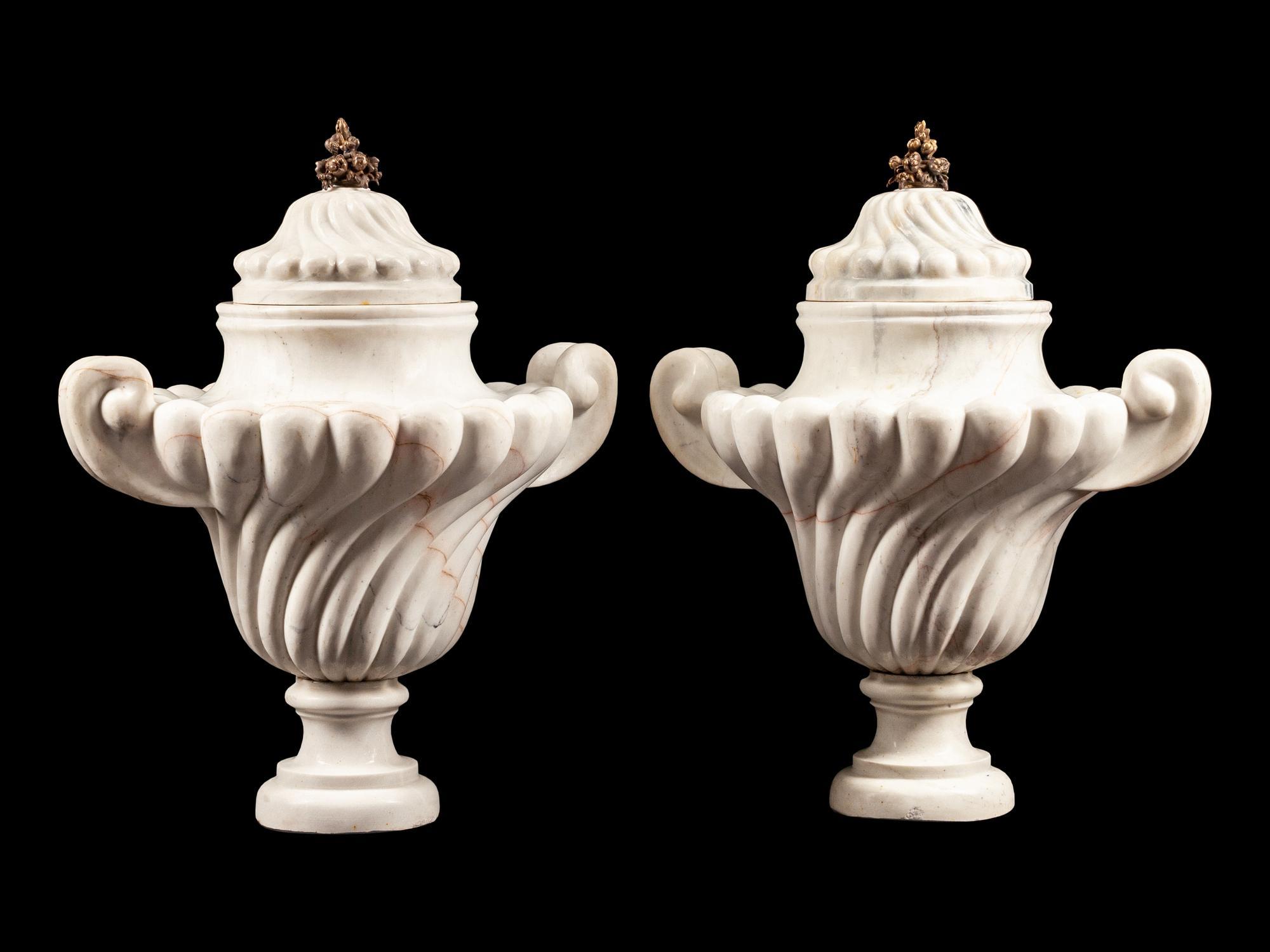 A Pair of Italian Bronze-Mounted Fluted Marble Urns