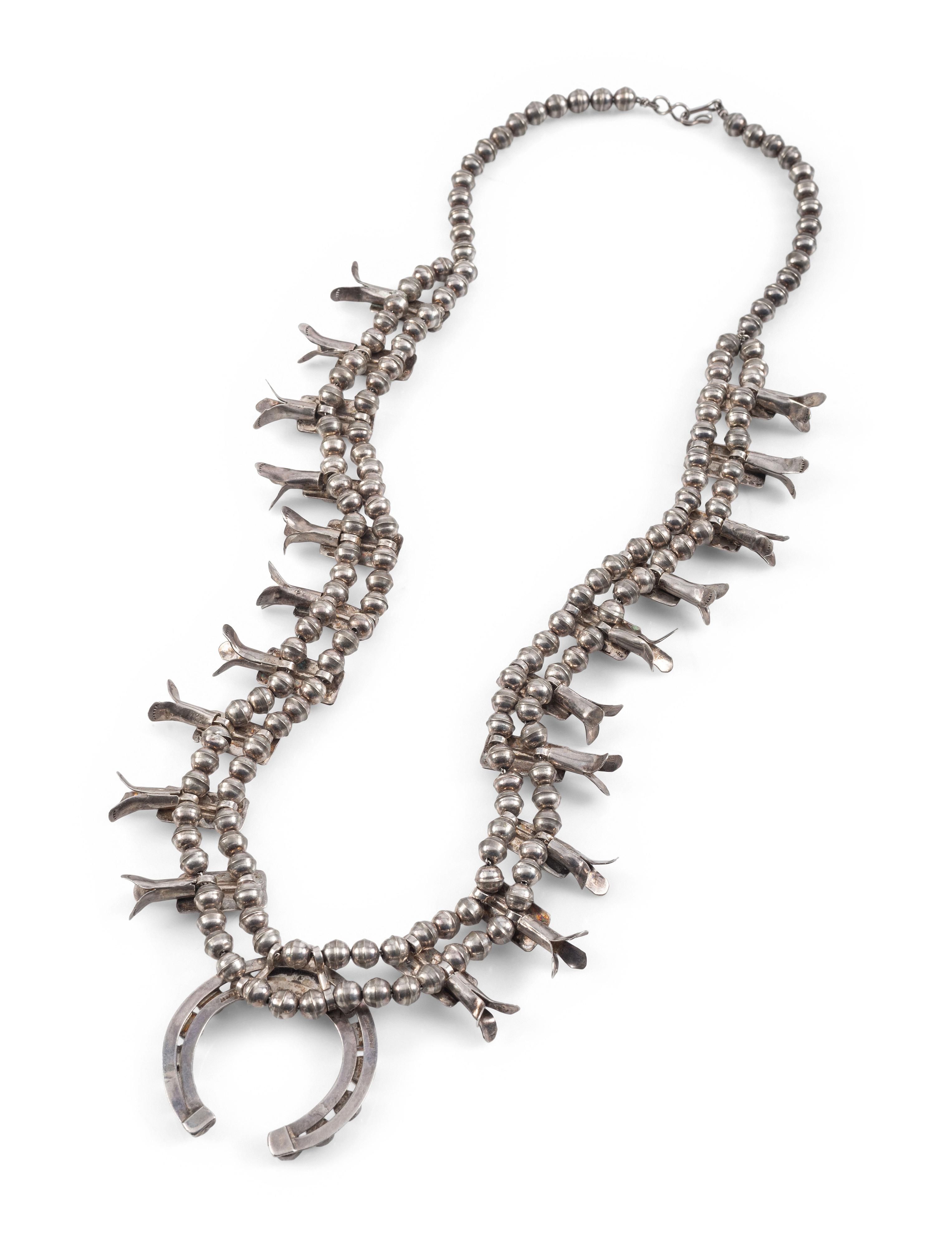 Petite Silver and Turquoise Box Bow Squash Blossom Necklace