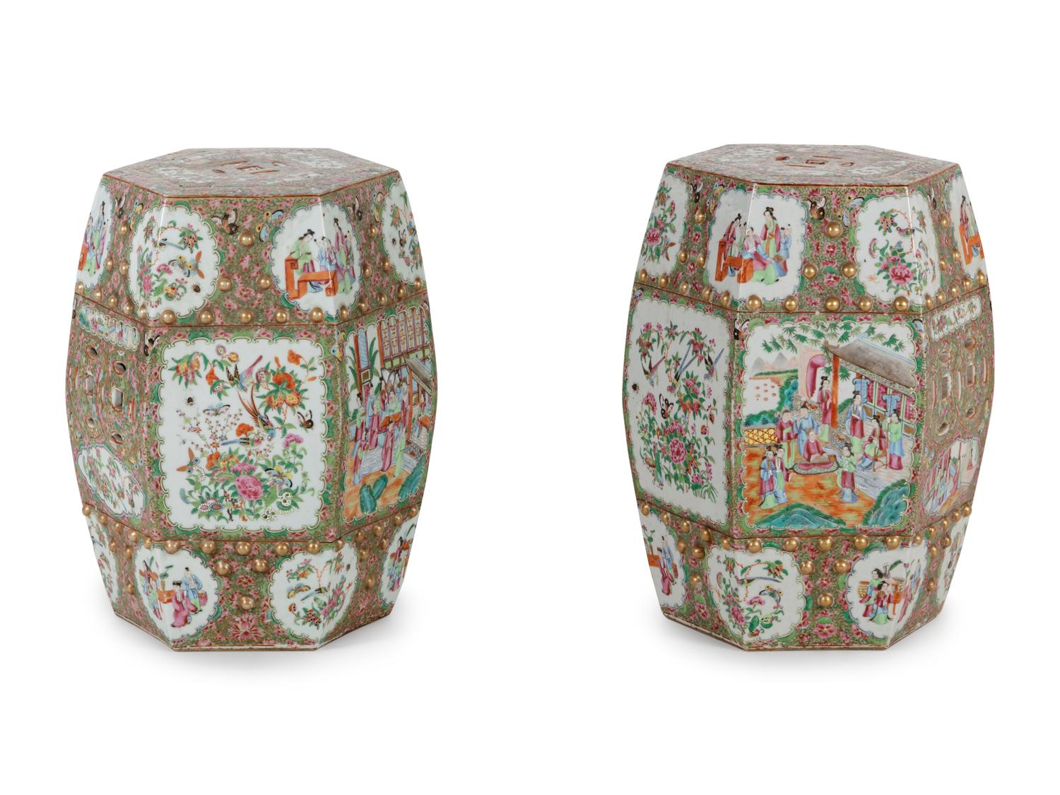 A Pair of Chinese Export Famille Rose Porcelain Garden Stools