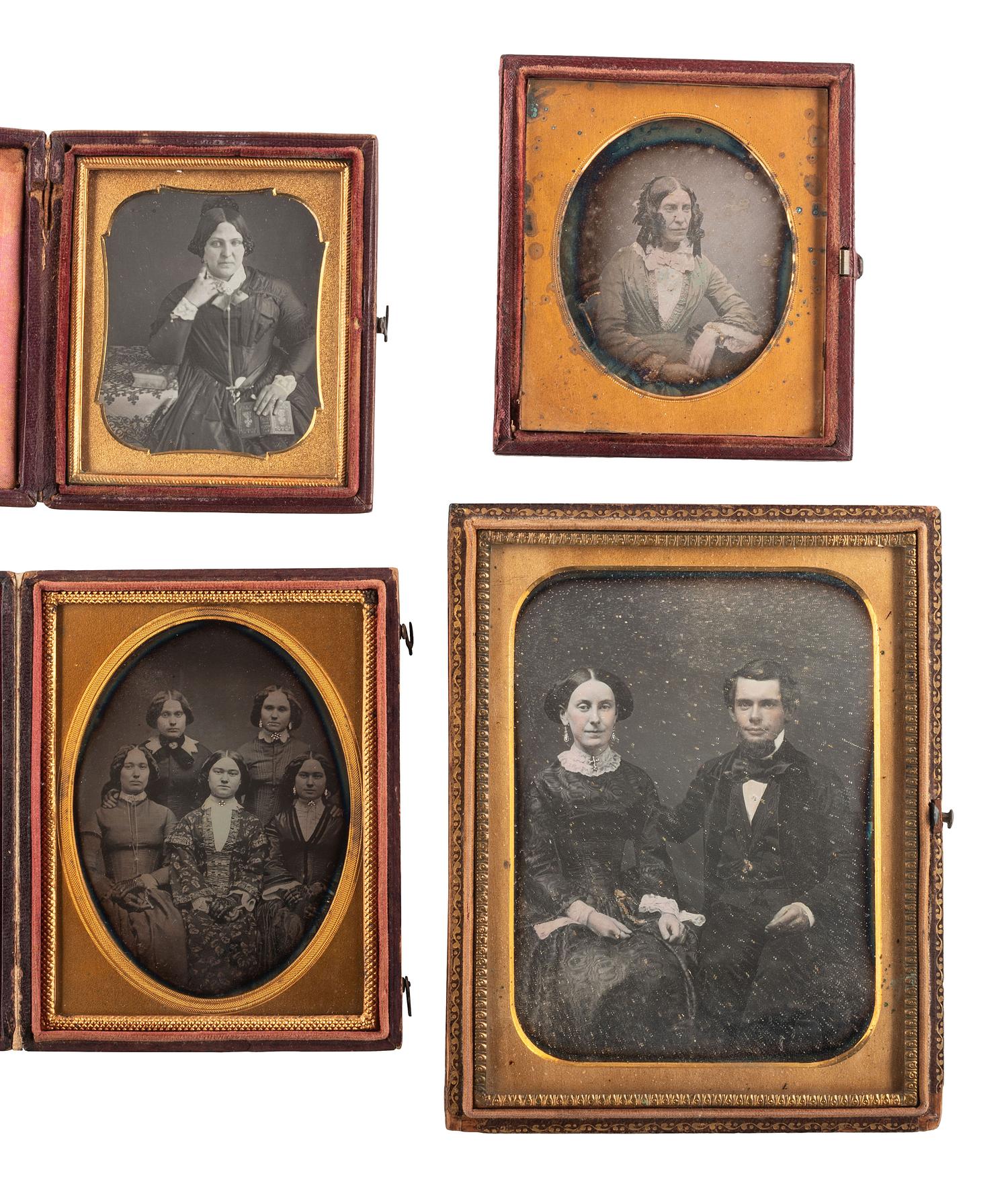 [EARLY PHOTOGRAPHY]. A group of daguerreotypes featuring women with embellished jewelry and accessories, including: