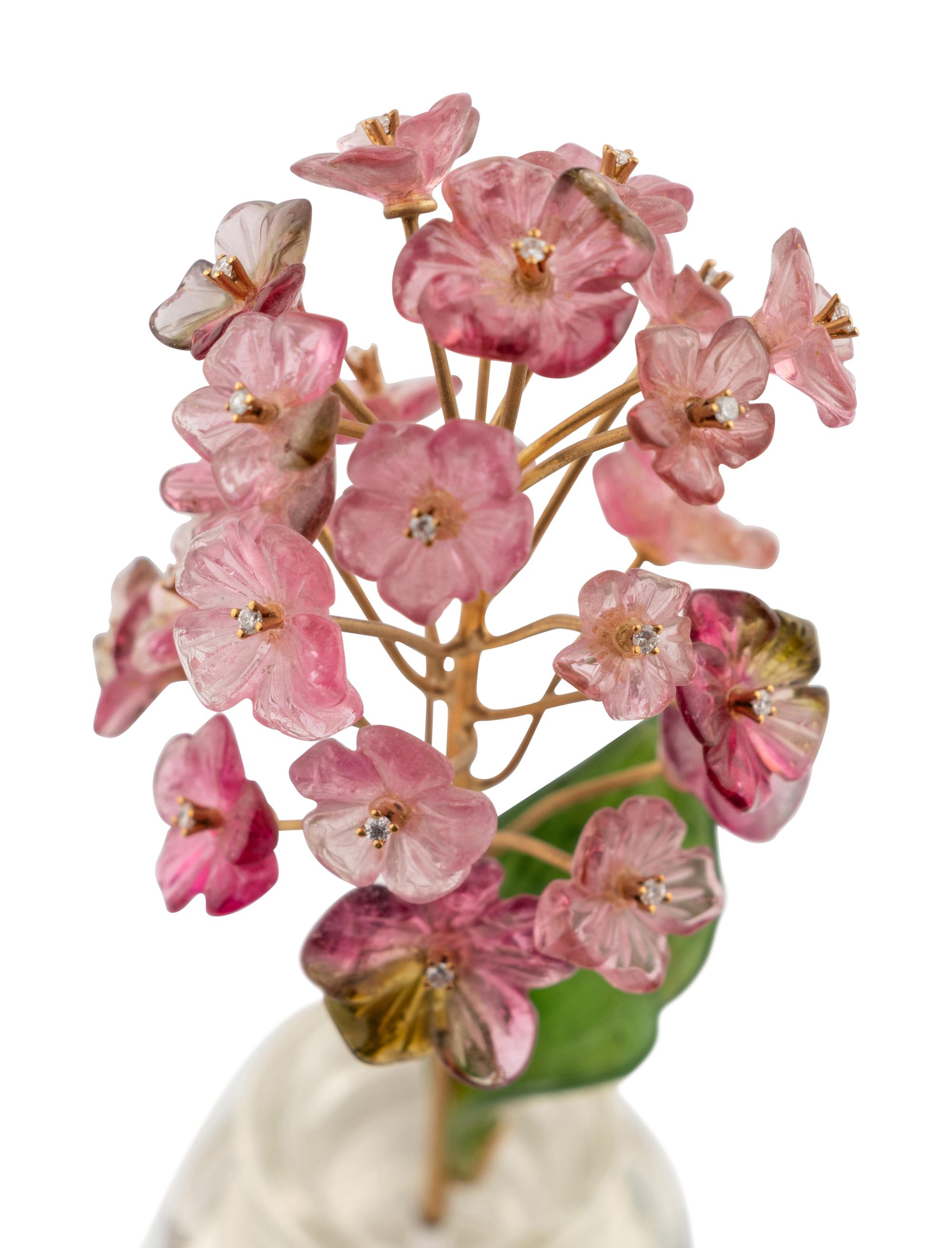 A Diamond Mounted Carved Rock Crystal, Nephrite, Tourmaline and 18-Karat Gold Cherry Blossom Flower Study