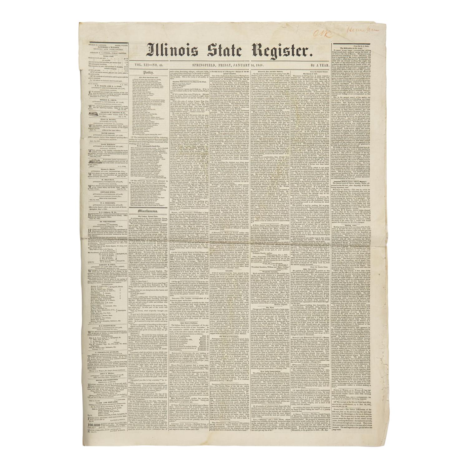 [Lincoln, Abraham] Lincoln's Famed "Spot Resolutions" in His Local Newspaper: Printing of a Rebuke to the First Major Speech Given by Him as an Illinois Congressman in the House of Representatives