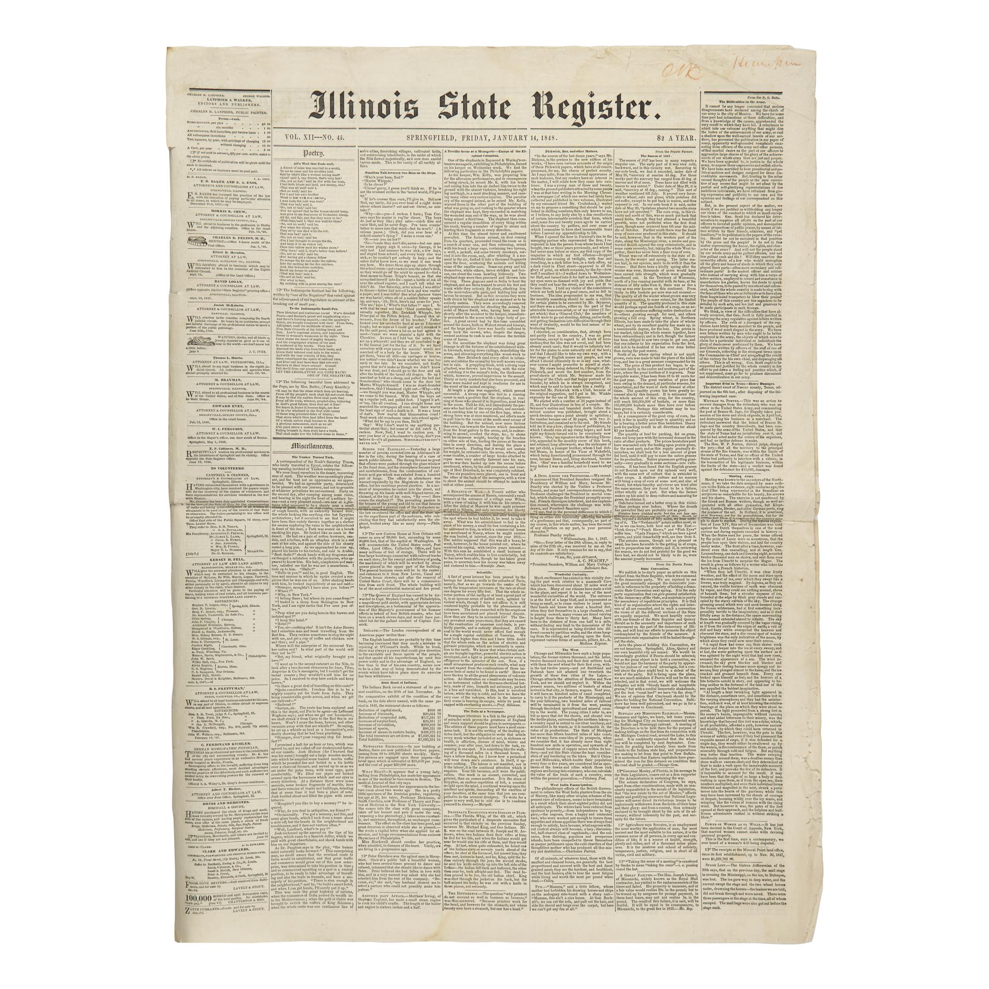 [Lincoln, Abraham] Lincoln's Famed "Spot Resolutions" in His Local Newspaper: Printing of a Rebuke to the First Major Speech Given by Him as an Illinois Congressman in the House of Representatives