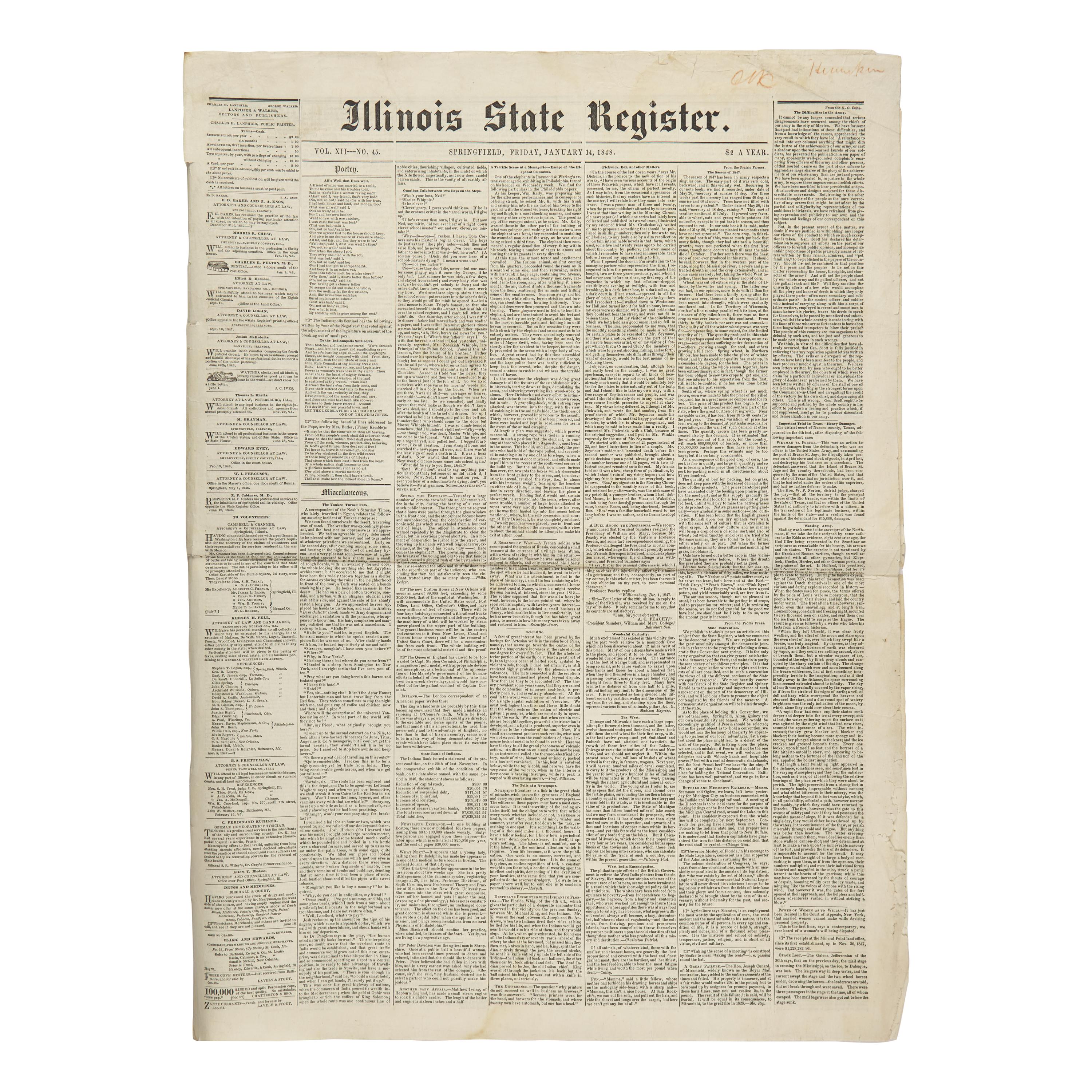 [Lincoln, Abraham] Lincoln's Famed "Spot Resolutions" in His Local Newspaper: Printing of a Rebuke to the First Major Speech Given by Him as an Illinois Congressman in the House of Representatives