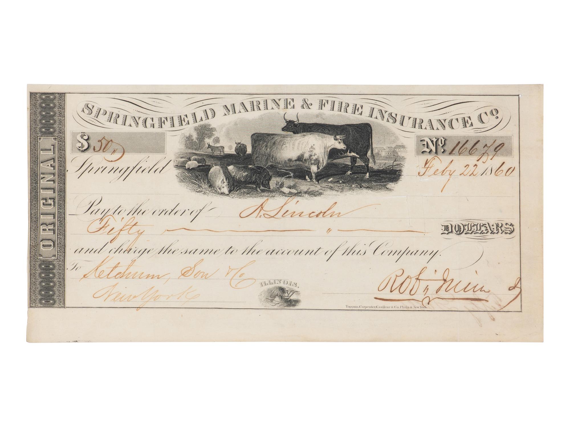 [LINCOLN, Abraham (1809-1865)]. Partly engraved document filled out to Lincoln and signed ("Rob. Irwin") as Treasurer of Springfield Marine & Fire Insurance Co., Springfield, 22 February 1860.