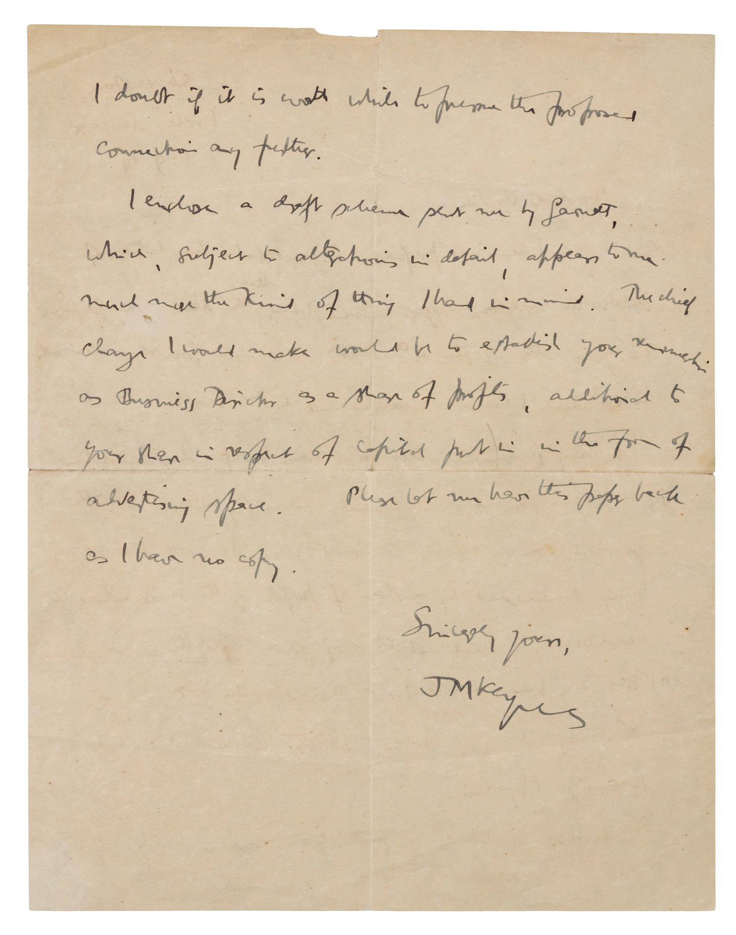 KEYNES, John Maynard, 1st Baron. Autographed letter signed ("JM Keynes"), to "My dear Ogden", Firth Sussex, 6 September 1919.