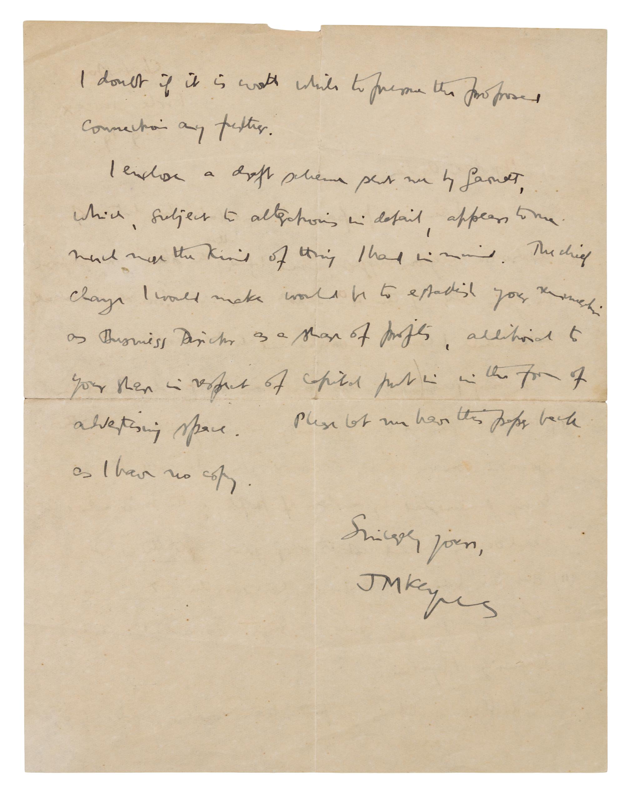 KEYNES, John Maynard, 1st Baron. Autographed letter signed ("JM Keynes"), to "My dear Ogden", Firth Sussex, 6 September 1919.