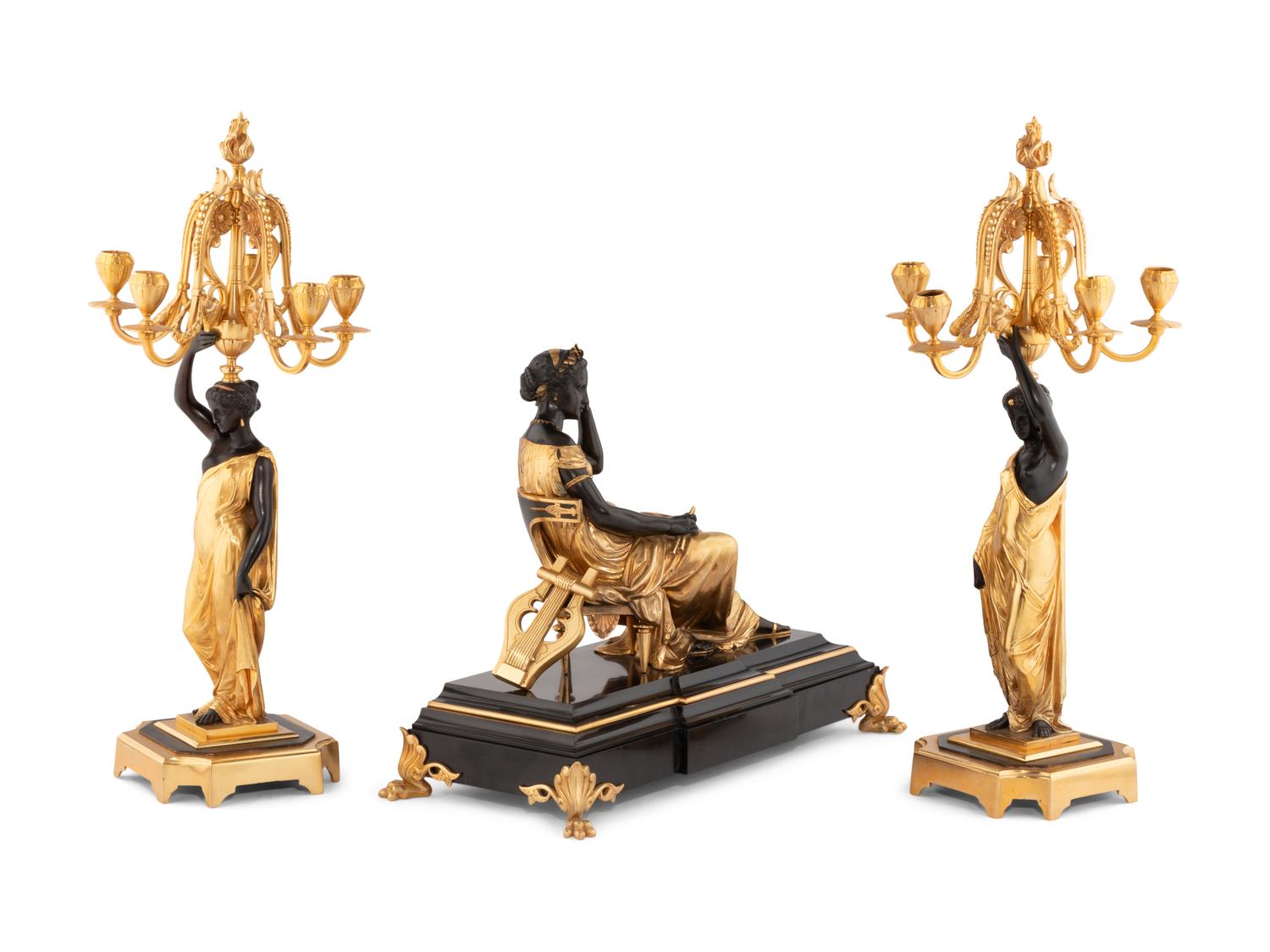 A Gilt and Patinated Bronze Figural Garniture after Jean Jules Salmson