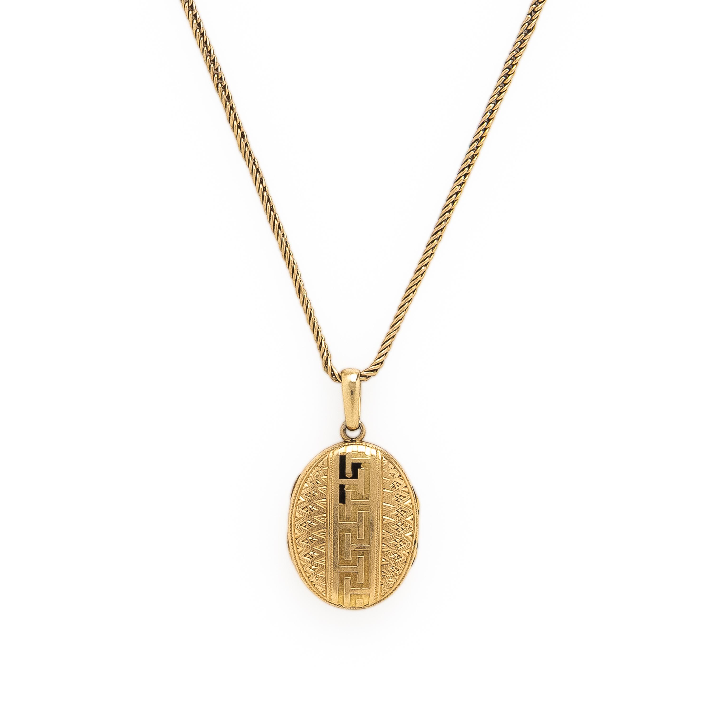 Yellow Gold and Enamel Locket Necklace and Stick Pin